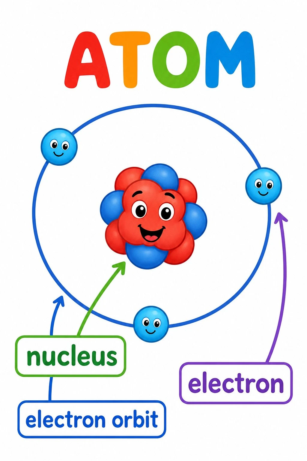Simple cartoon atom diagram for elementary students with large labels for nucleus and electrons