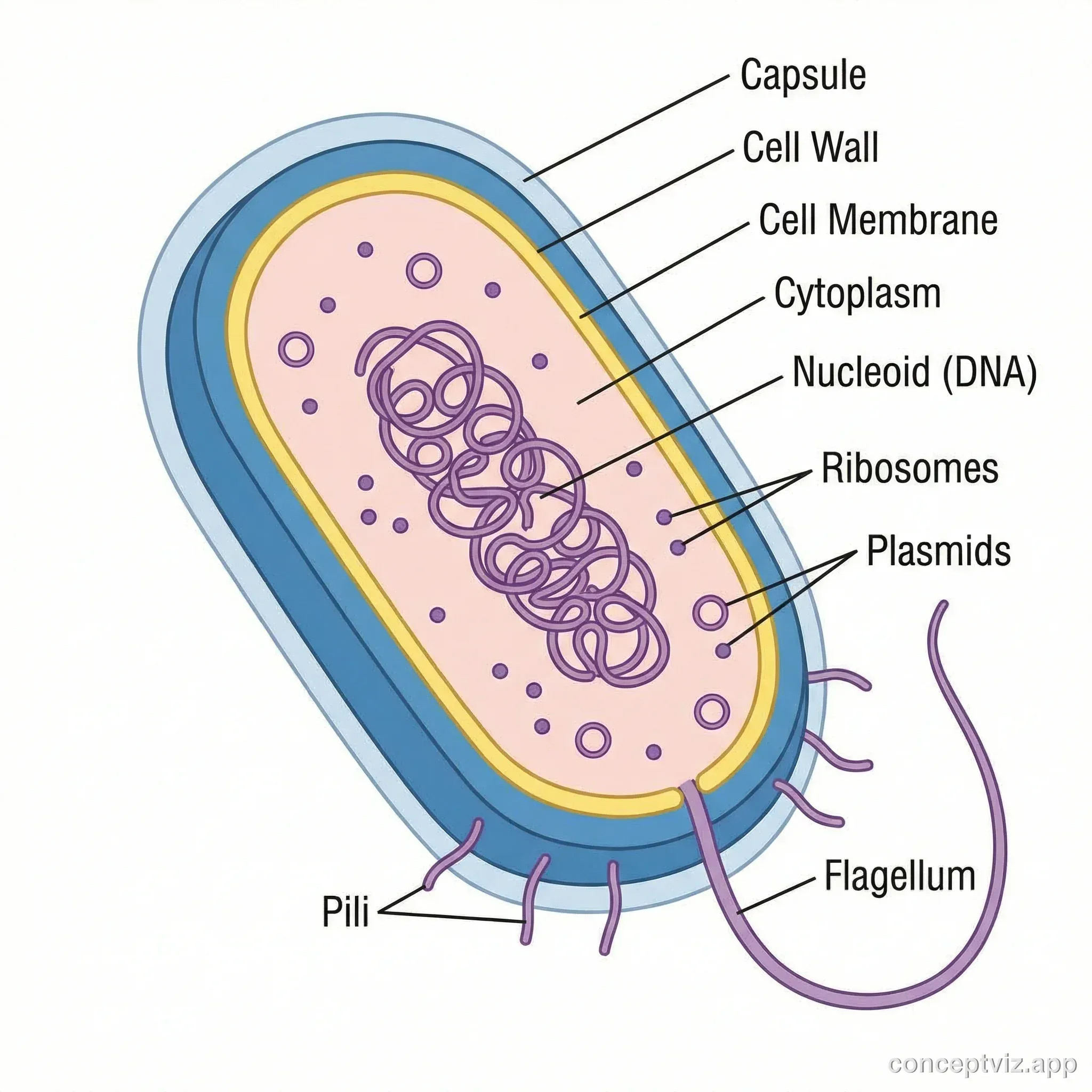 Detailed diagram of bacterial cell showing all internal structures and organelles