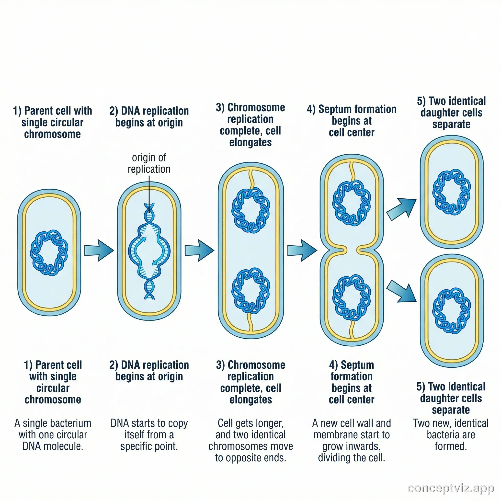 Step-by-step diagram showing bacterial reproduction through binary fission