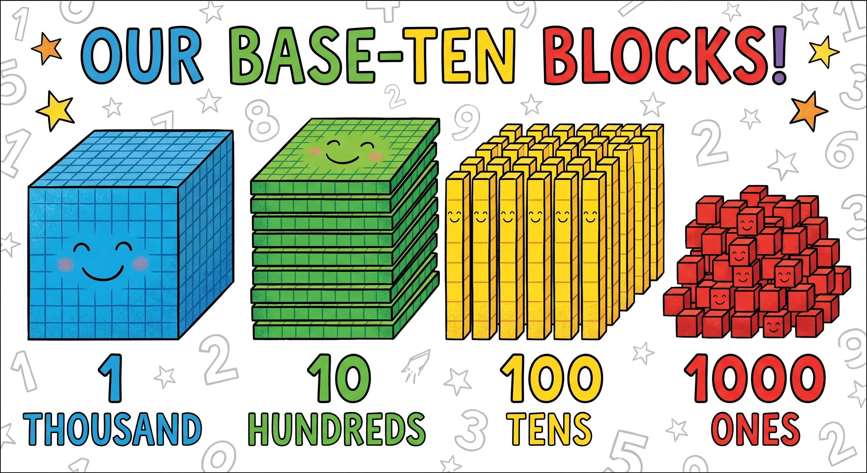 A colorful poster showing a thousands cube, hundreds flat, tens rod, and ones cube in a row
