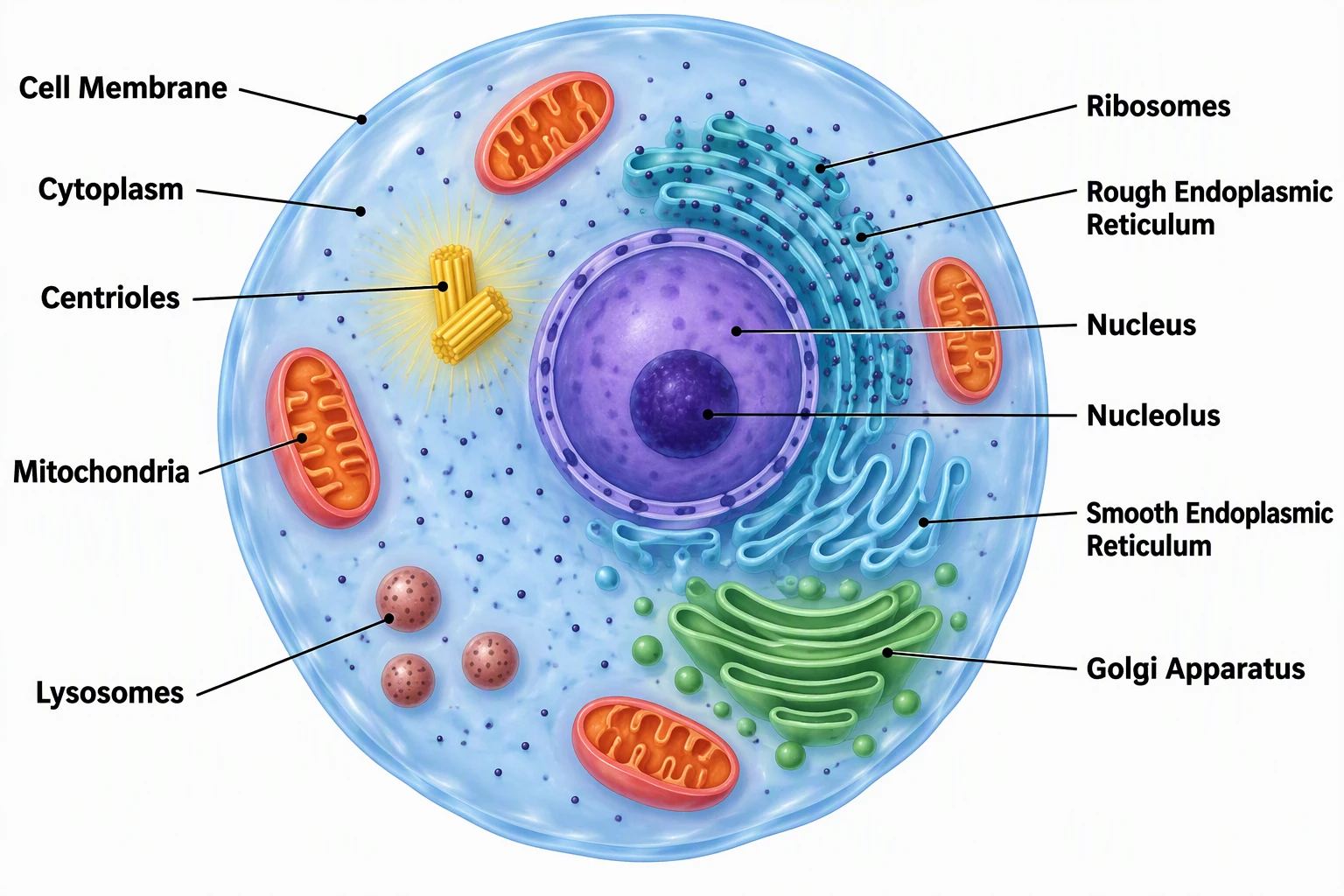 Animal cell structure diagram showing subcellular organelles and compartments