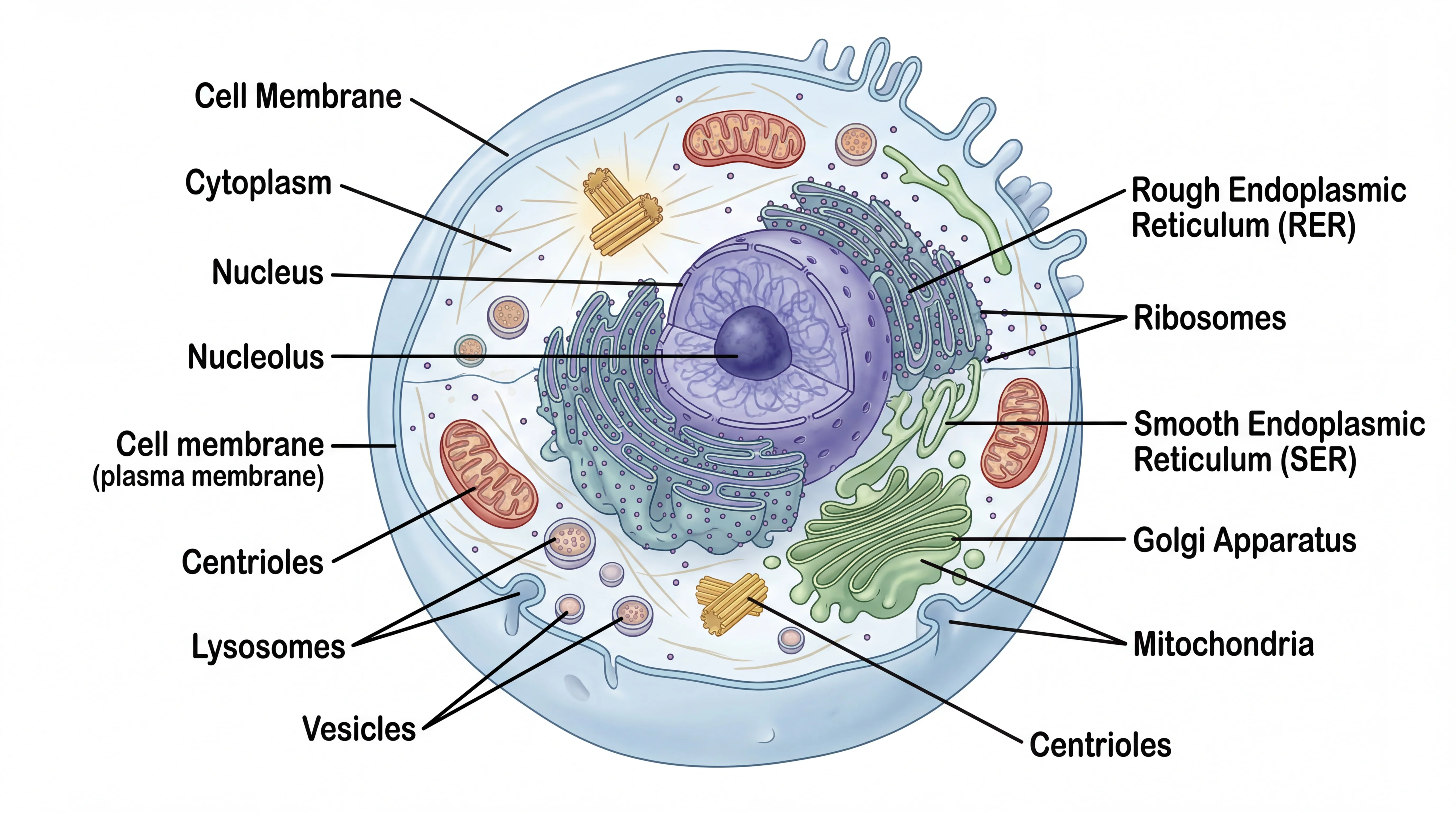 Detailed biology drawing of an animal cell with labeled organelles including nucleus, mitochondria, ER, and Golgi apparatus.