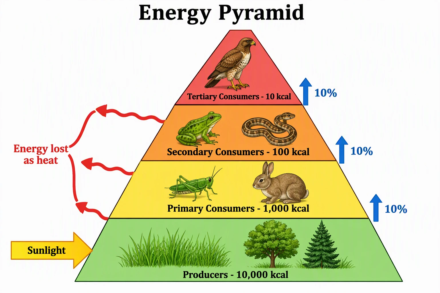 Biology figure of an ecological energy pyramid with four trophic levels and the 10 percent energy transfer rule labeled