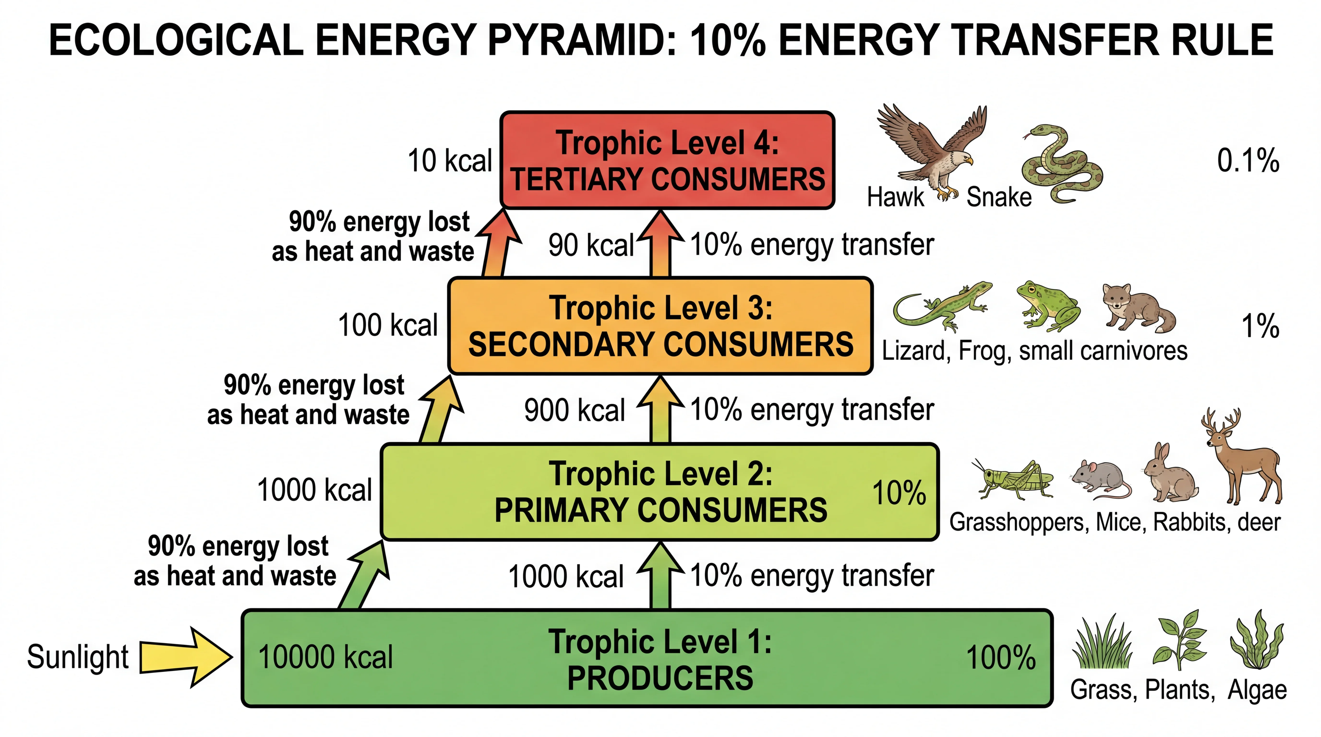 Biology drawing of an ecological energy pyramid showing trophic levels with energy values and percentage transfer.