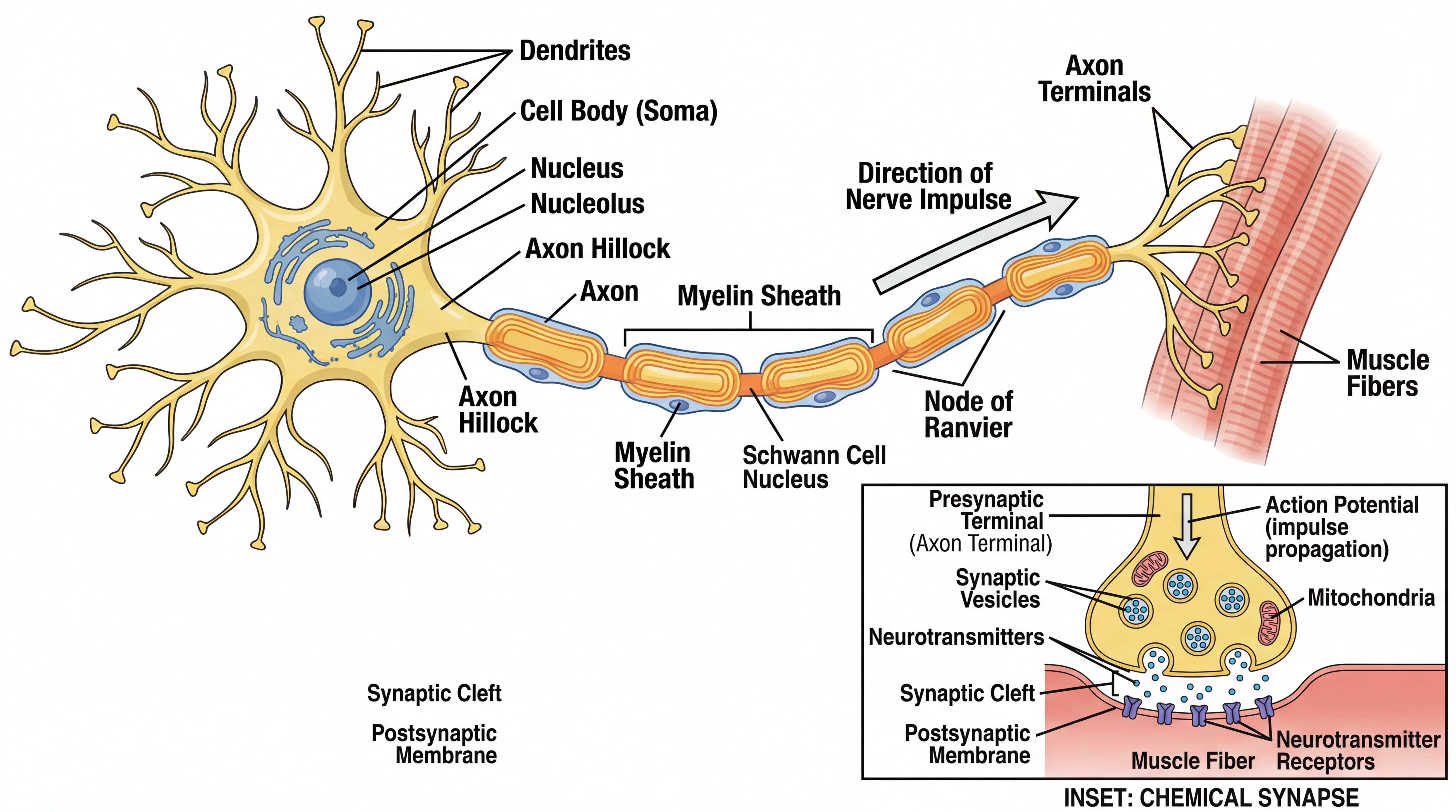 Biology drawing of a neuron showing dendrites, cell body, axon, myelin sheath, and synaptic terminals with labels.