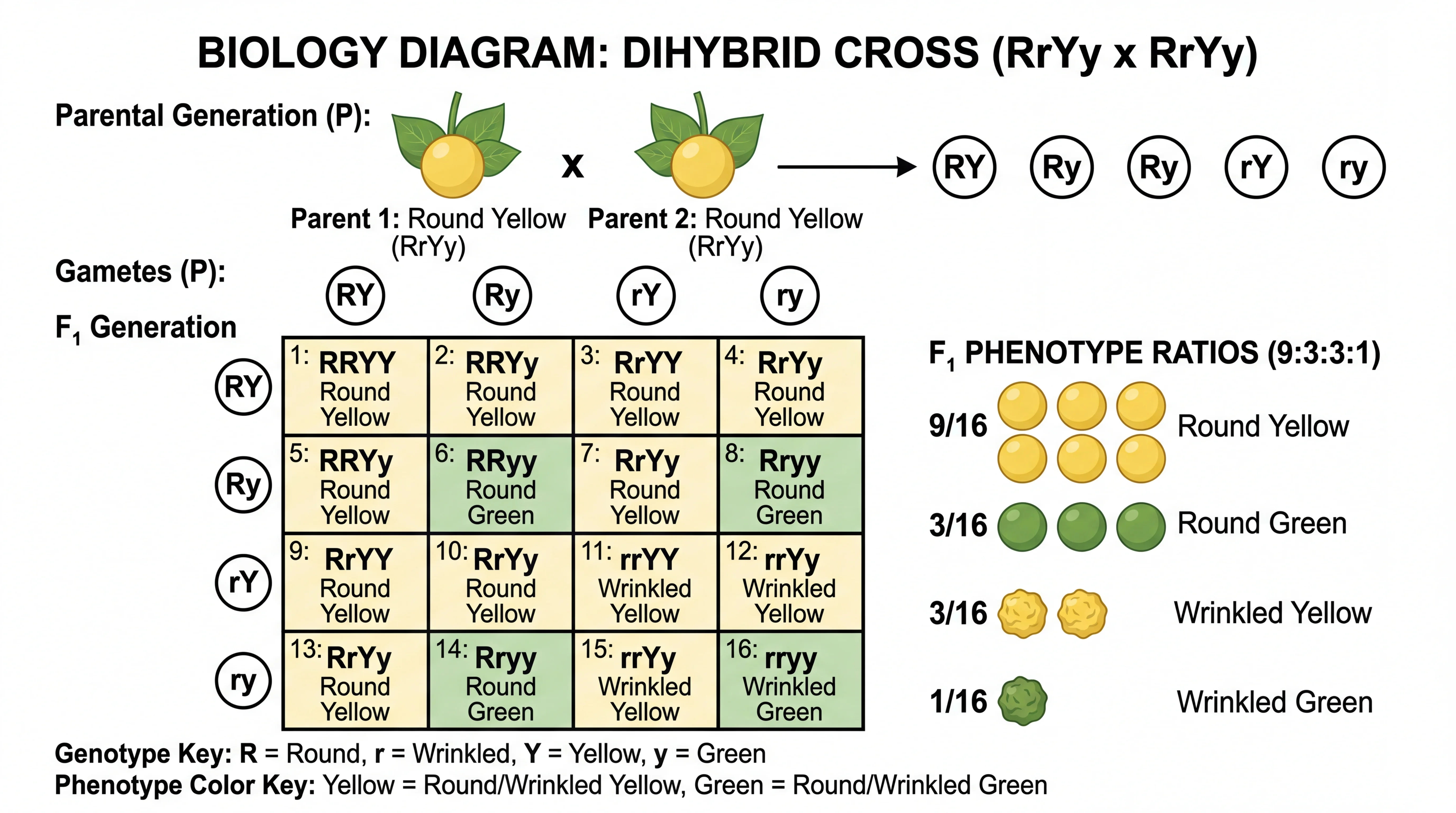 Biology drawing showing a dihybrid Punnett square cross with phenotype ratios and genotype probabilities.
