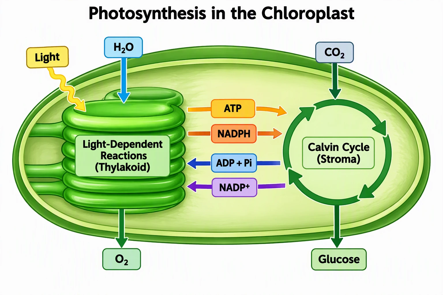 Biology figure of photosynthesis inside a chloroplast showing the light reactions and Calvin cycle with labeled inputs and outputs