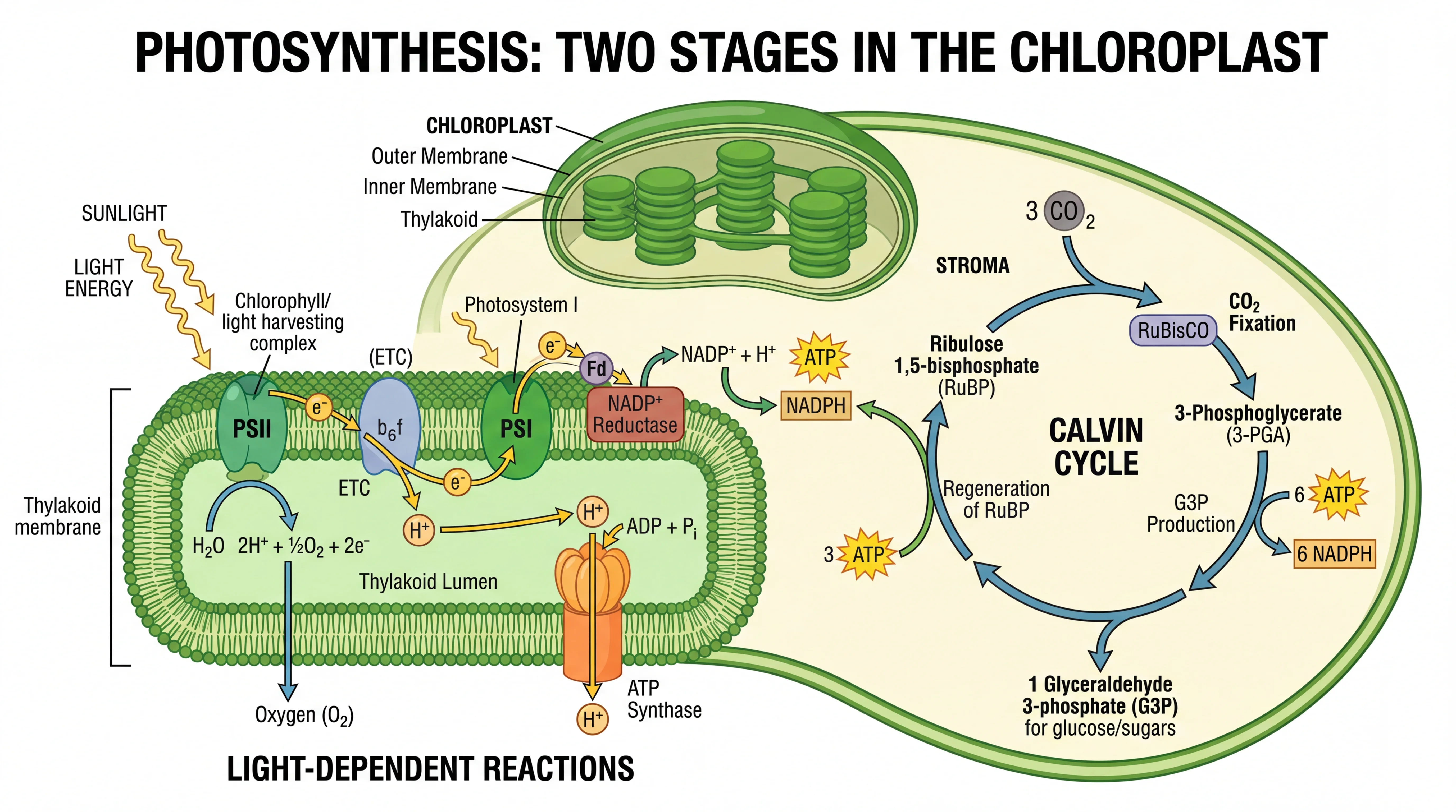 Biology drawing showing the complete photosynthesis process in a chloroplast with light and dark reactions.