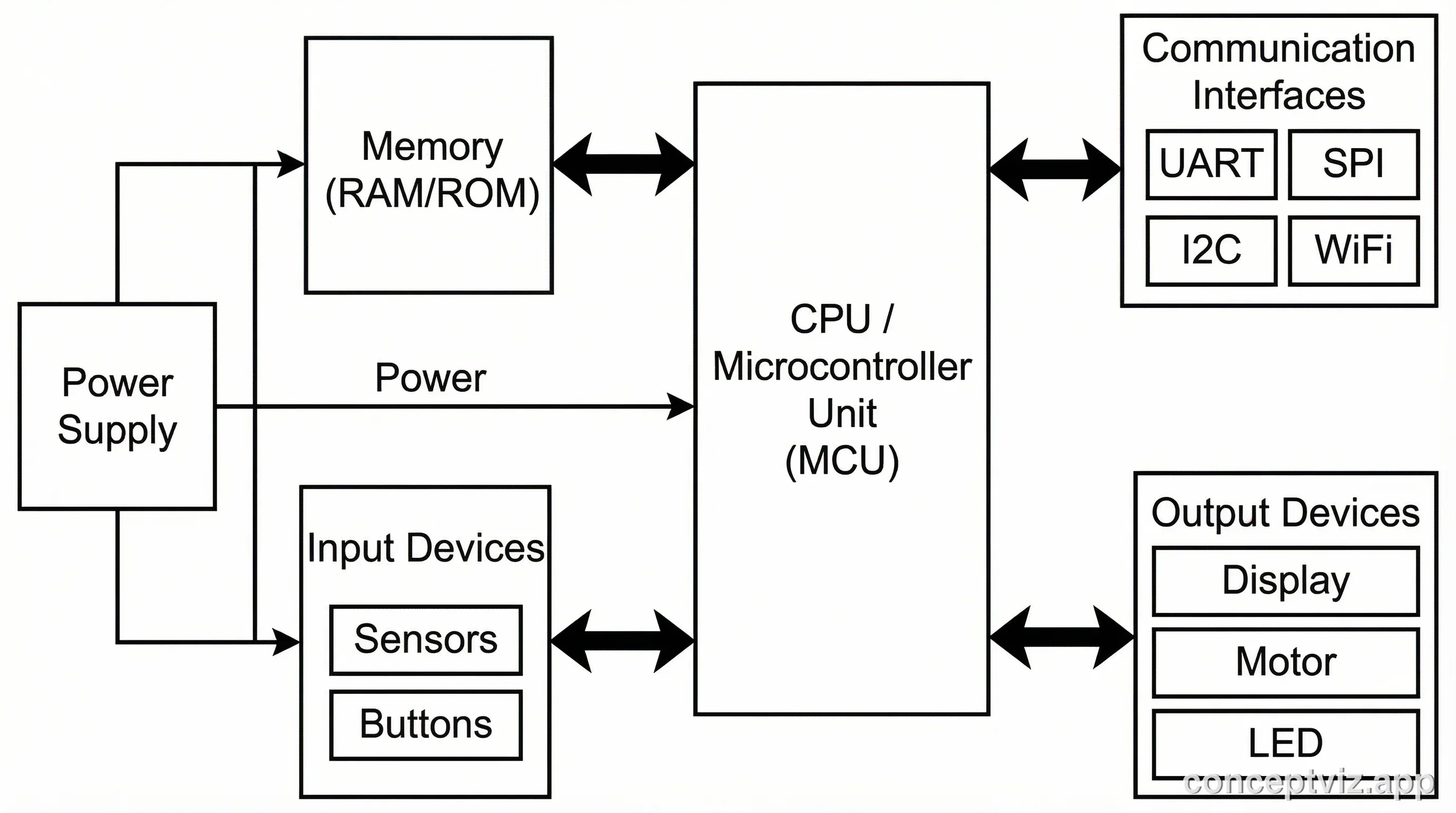 Embedded system block diagram with CPU at center connected to memory, sensors, displays, and communication interfaces.