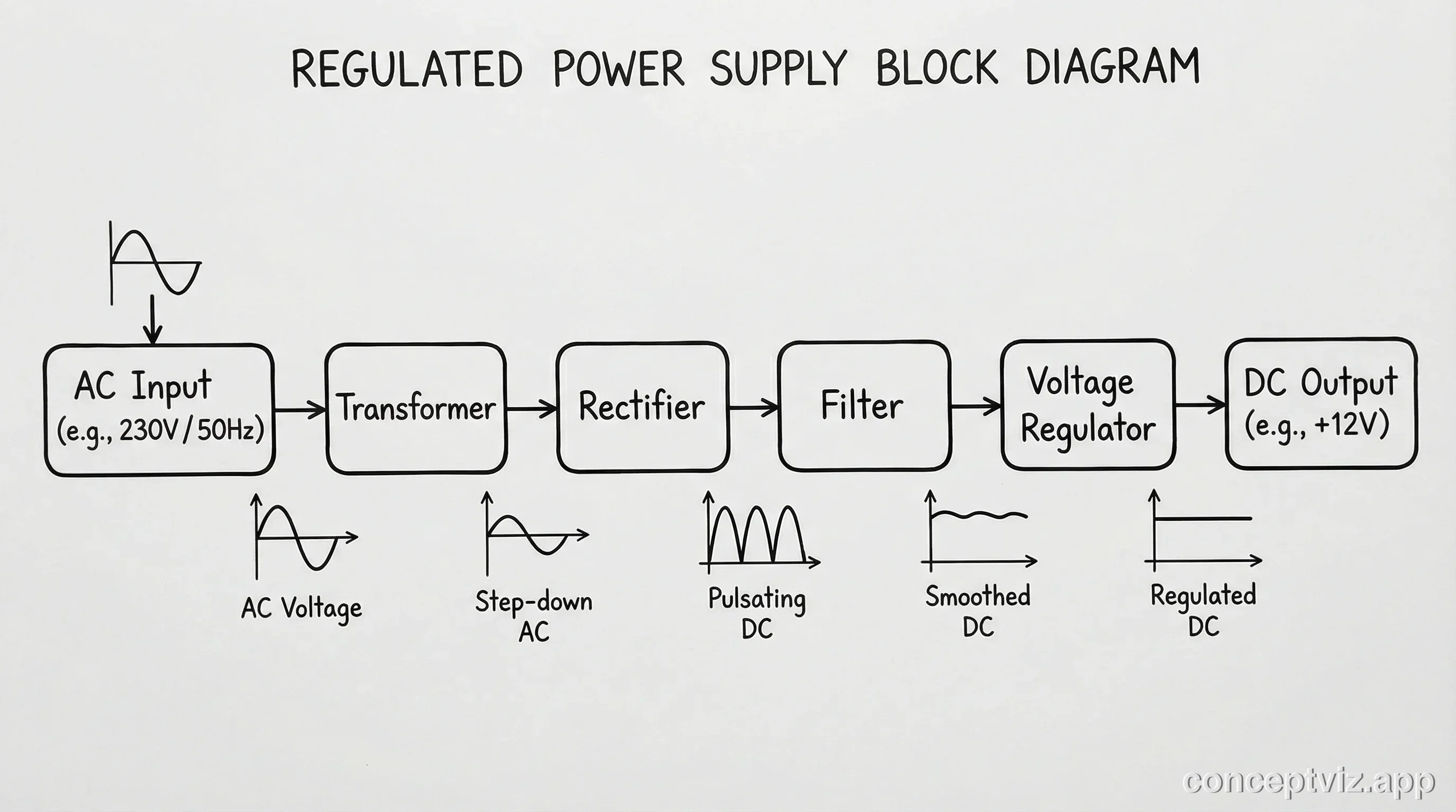 Regulated power supply block diagram showing AC to DC conversion stages with waveform transformations.