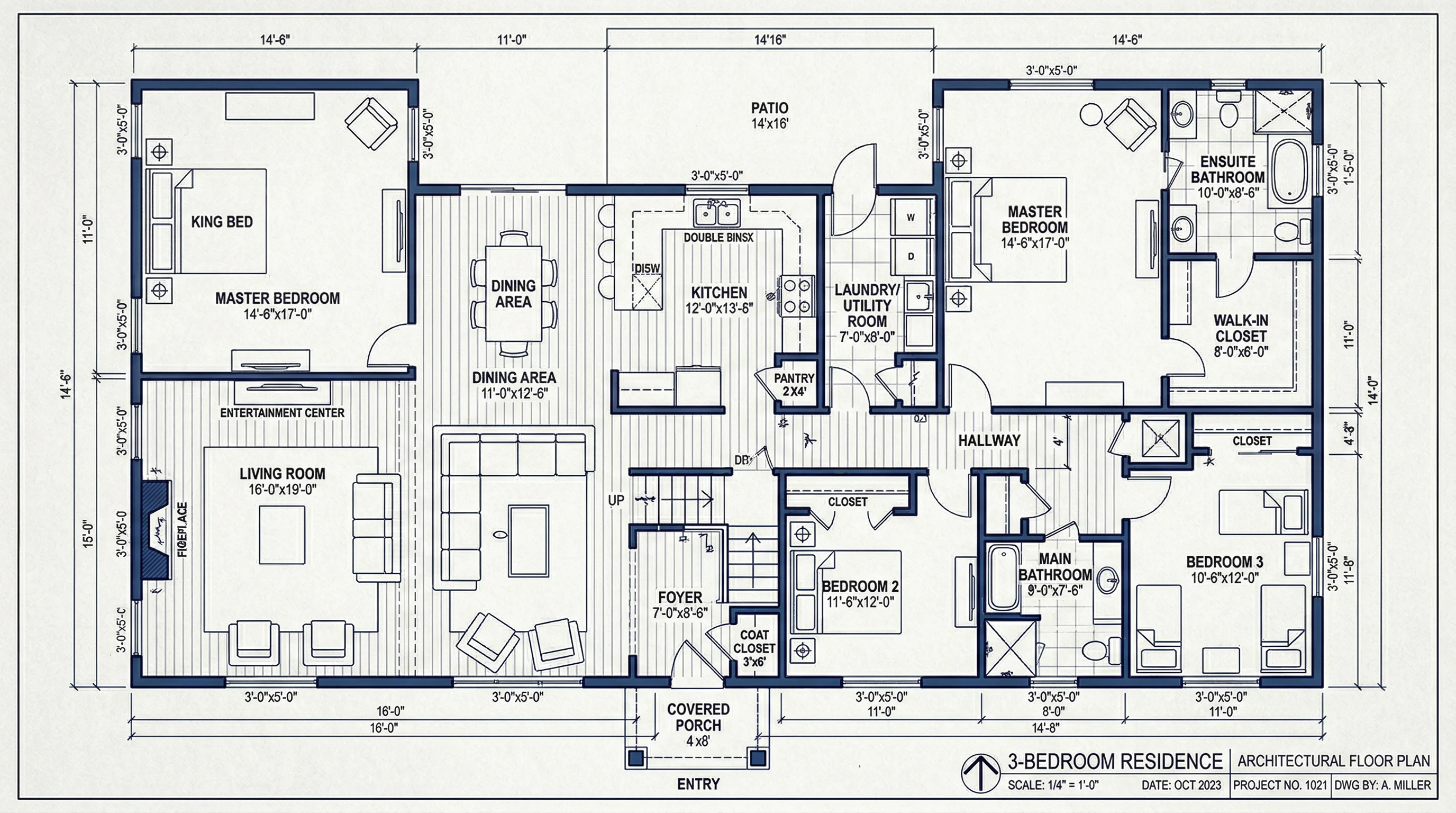 Architectural blueprint of a two-bedroom house floor plan with living room, kitchen, and bathroom layout.