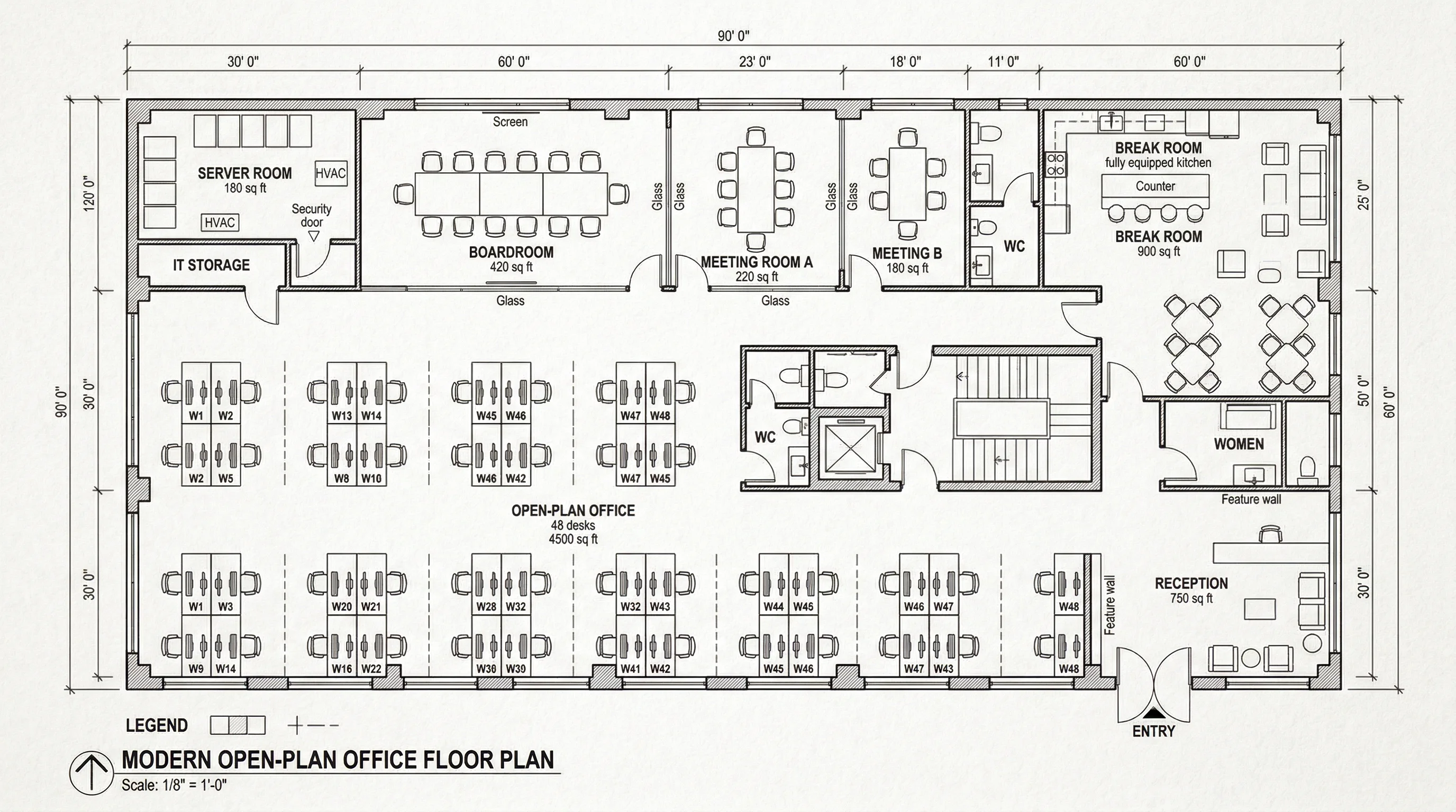 Blueprint of a modern open-plan office layout with workstations, meeting rooms, and common areas.