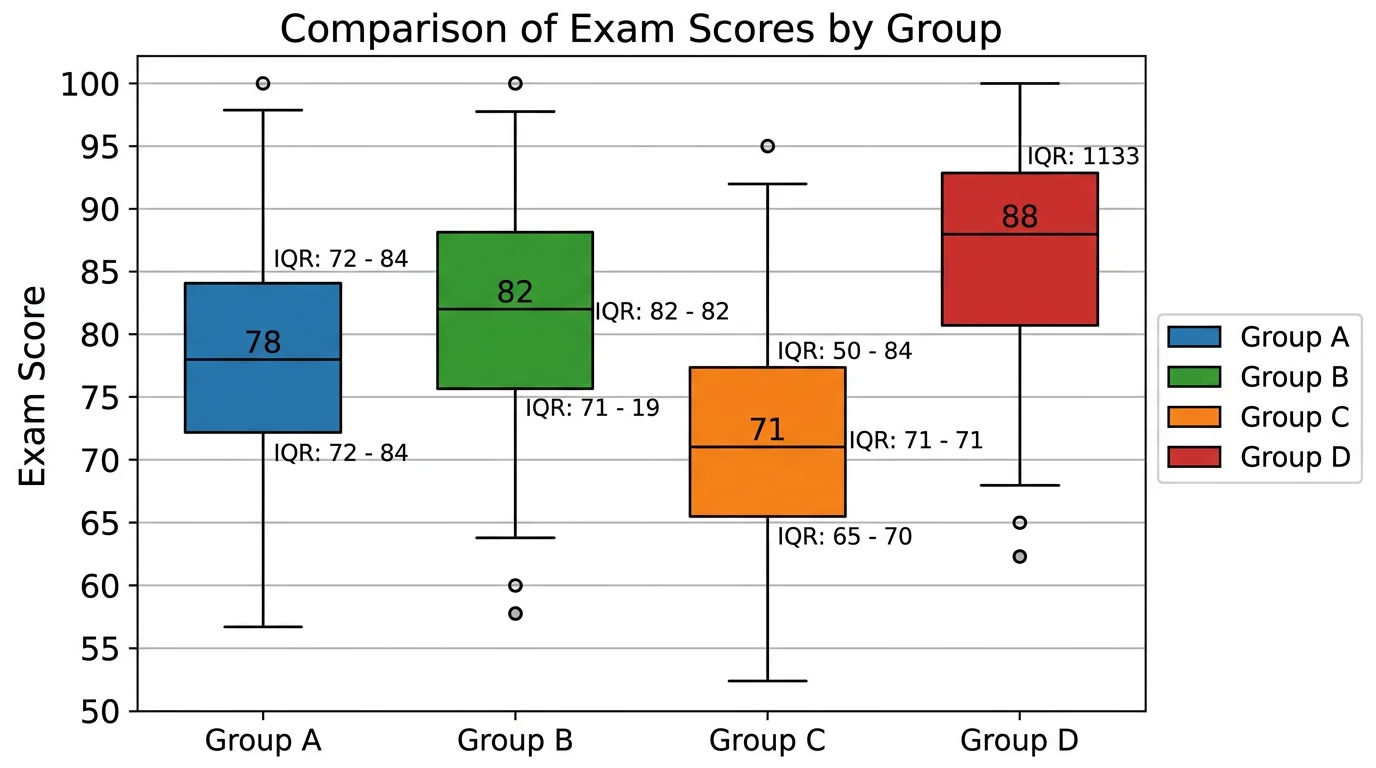 Side-by-side box plots comparing test scores across four different groups with color-coded boxes.
