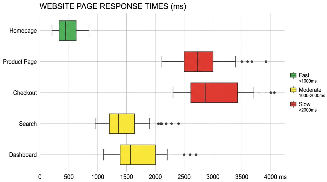 Horizontal box plots showing response time distributions for multiple categories with a horizontal layout.