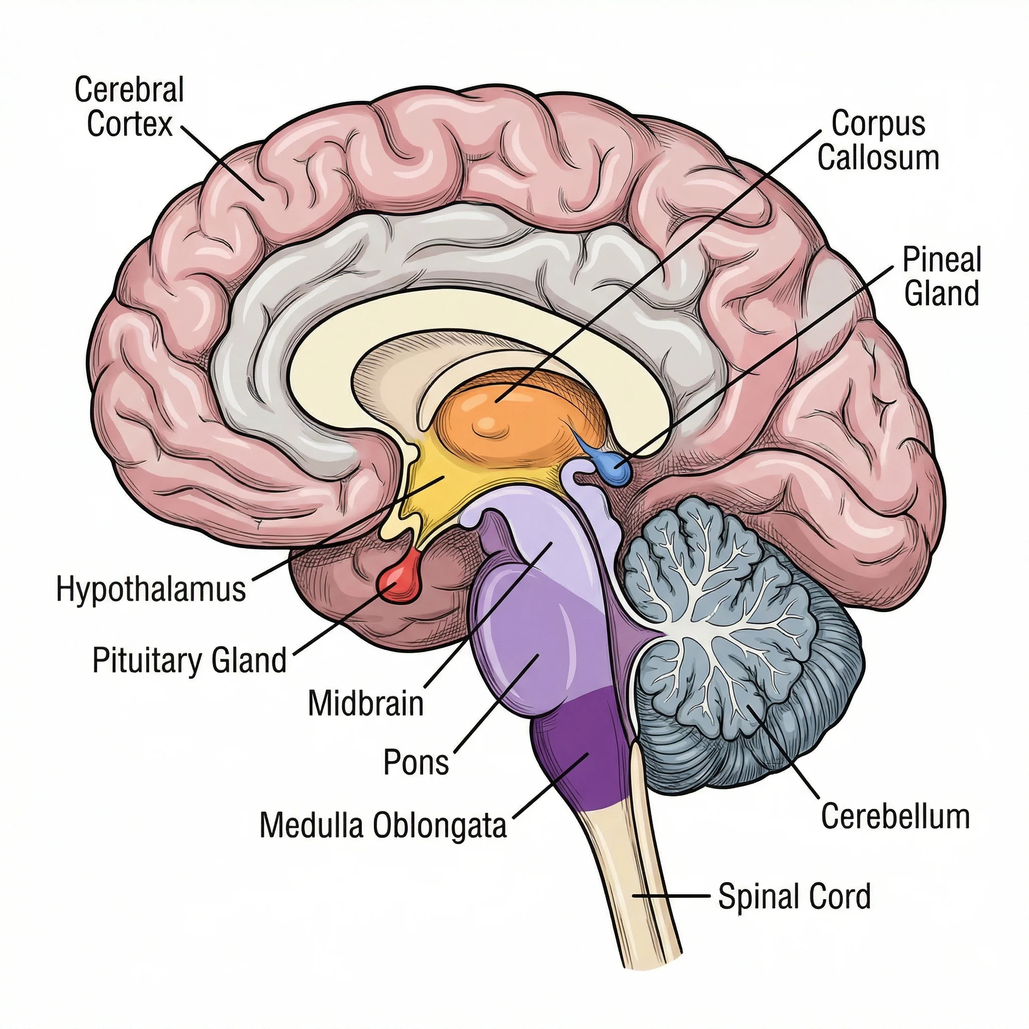 Sagittal cross-section of human brain showing internal structures