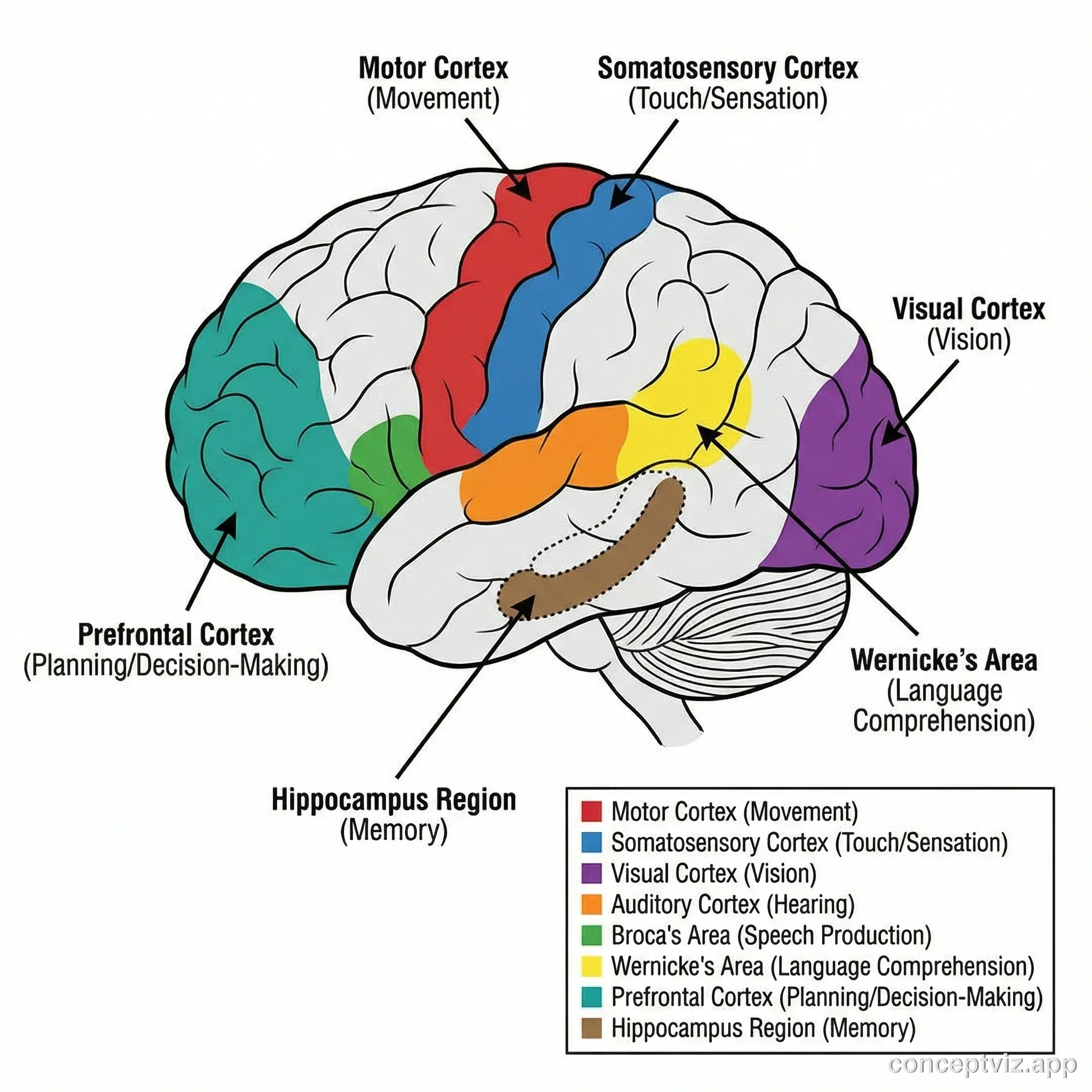 Functional map of the brain showing regions responsible for different functions