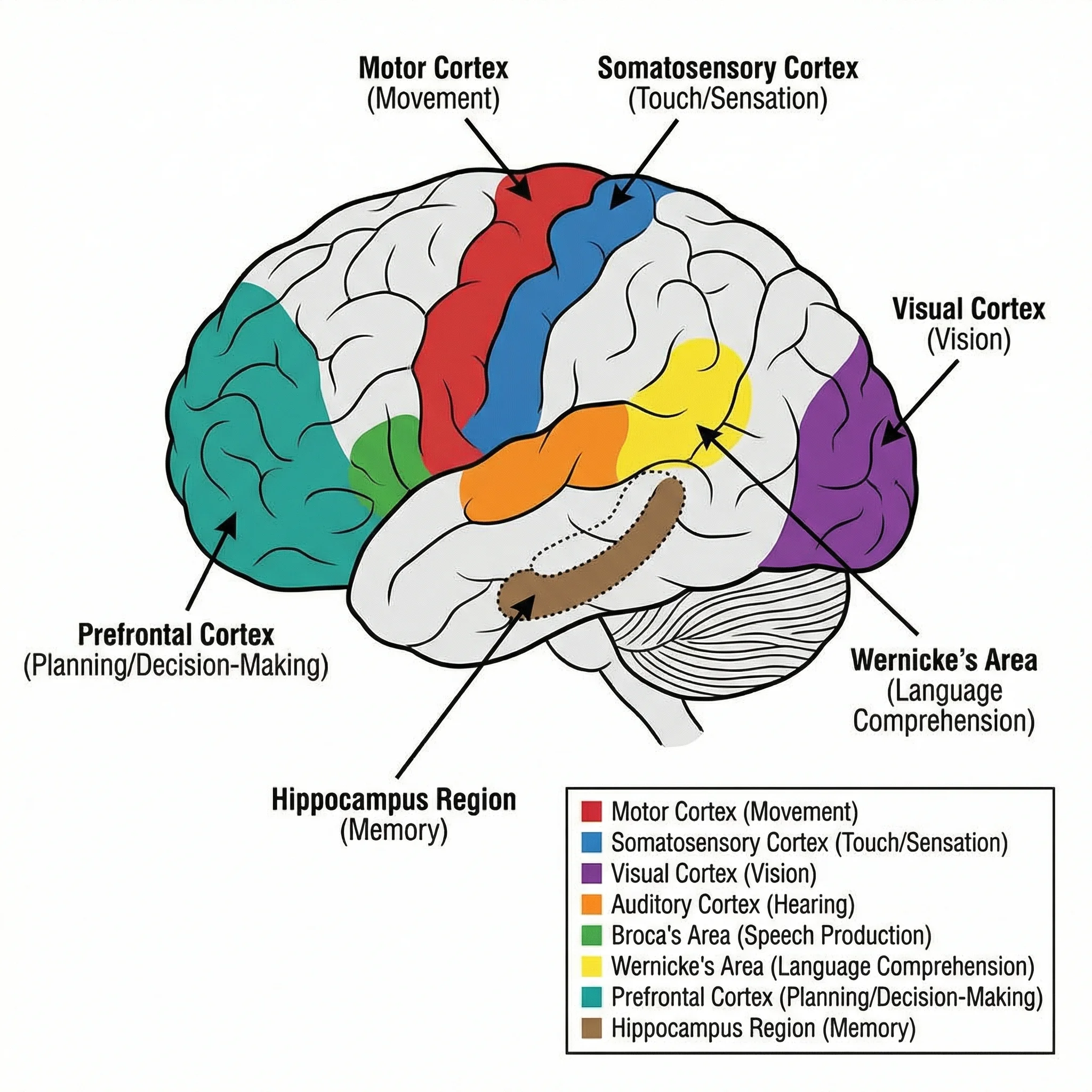 Functional map of the brain showing regions responsible for different functions