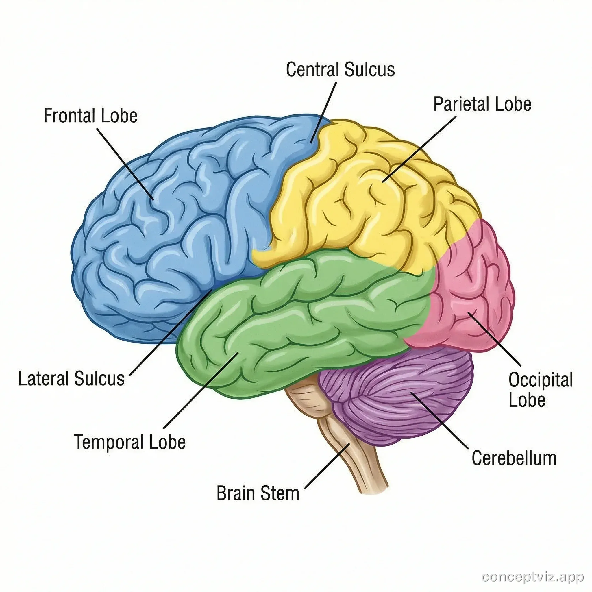 Human brain diagram showing four main lobes with labels