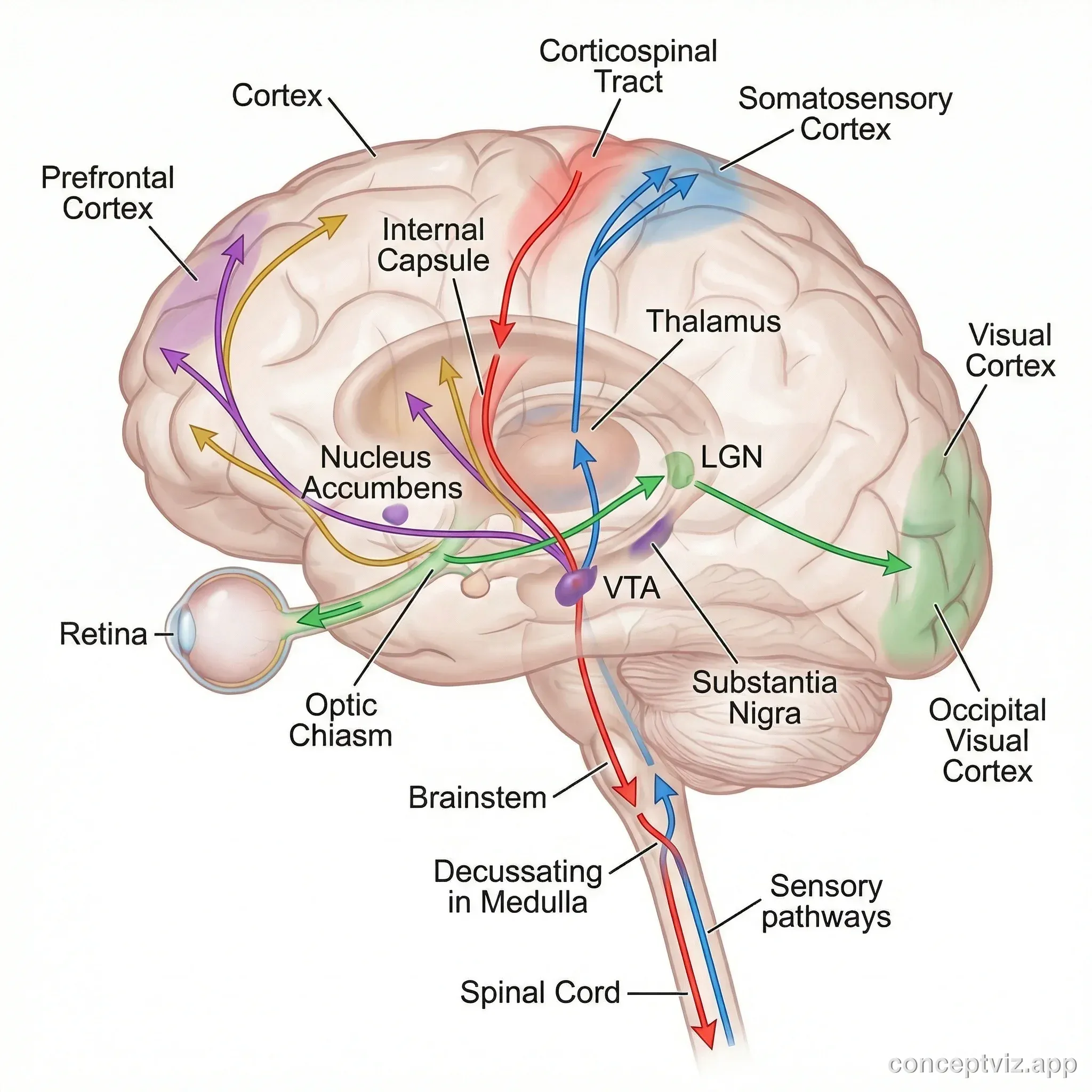 Illustration showing major neural pathways and connections in the brain