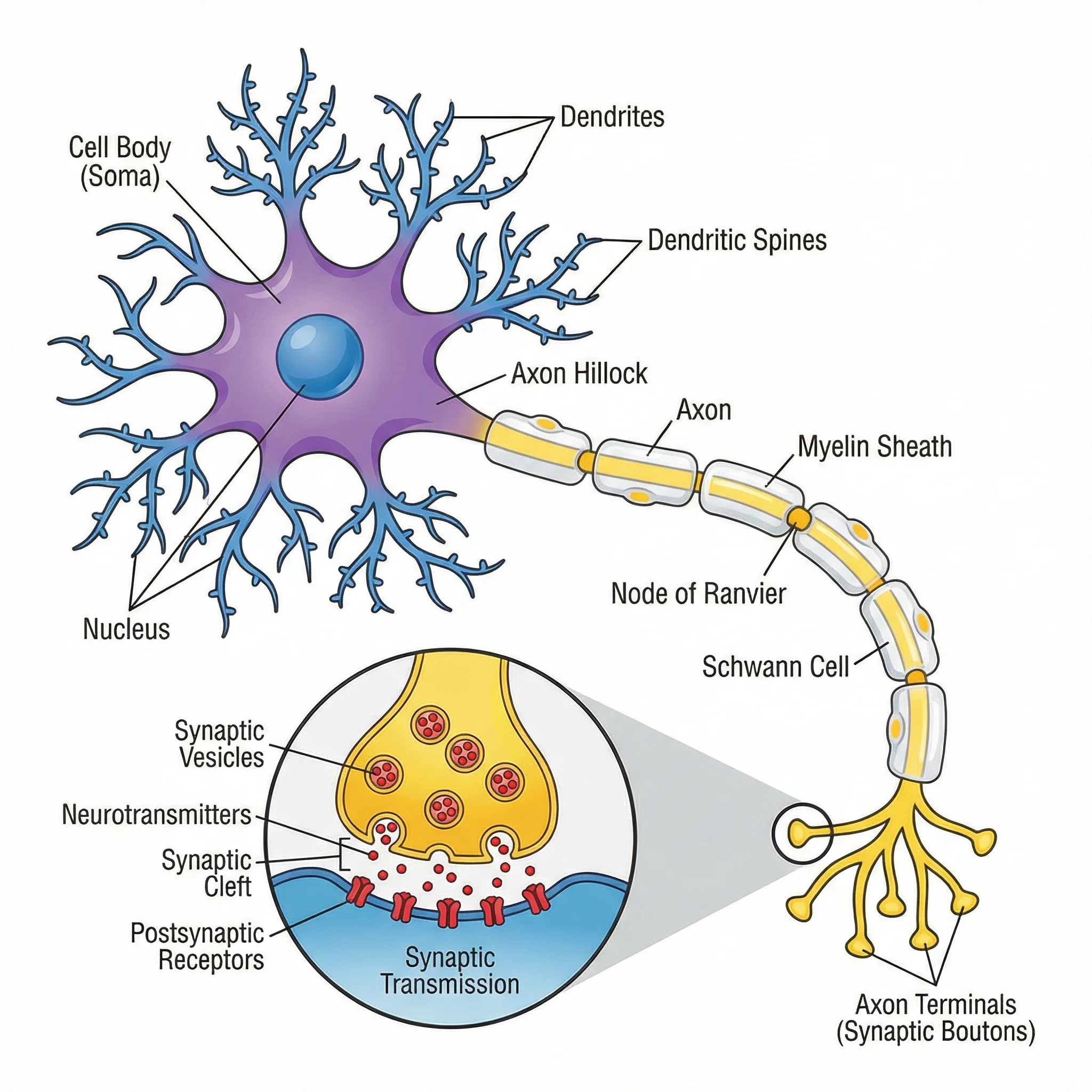 Detailed diagram of a neuron showing dendrites, axon, and synapses