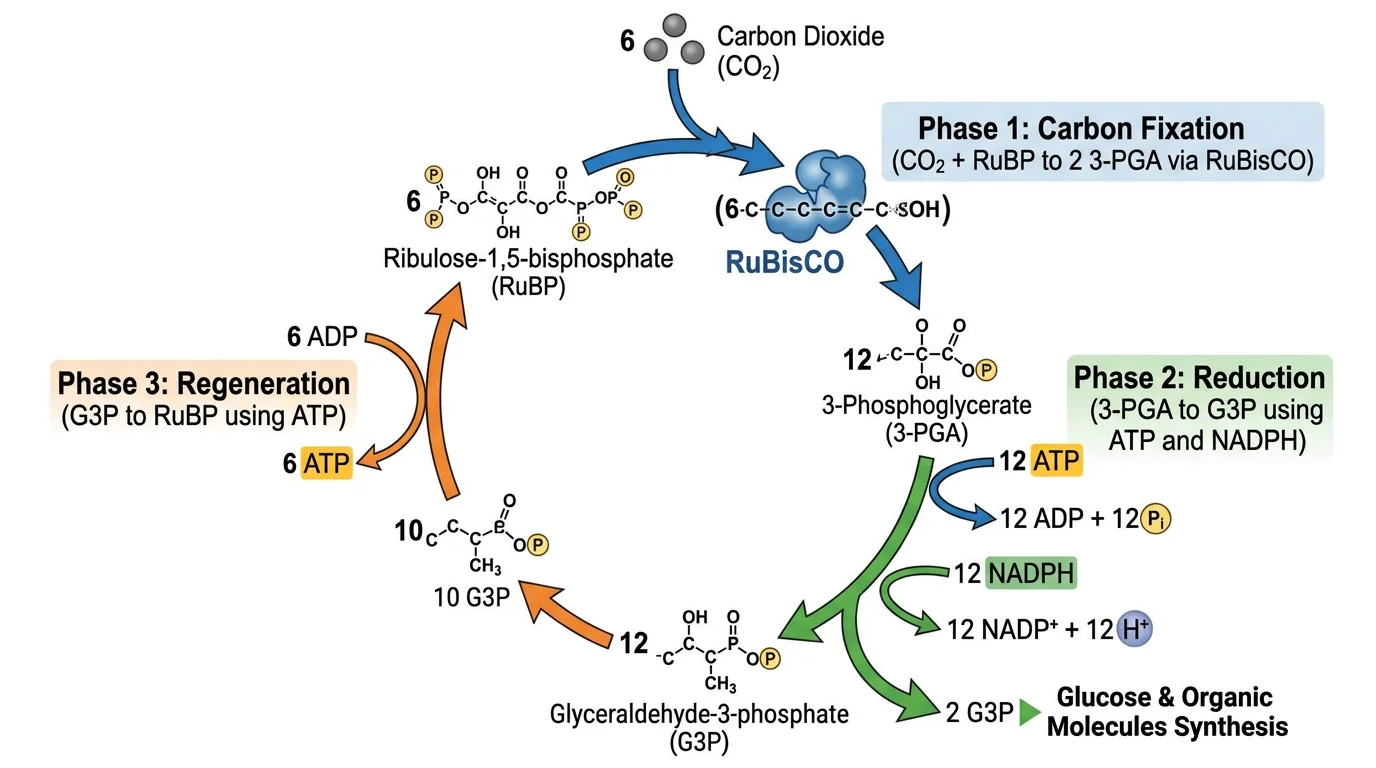 Fully labeled Calvin cycle diagram showing all three phases with carbon fixation, reduction, and regeneration of RuBP with molecule names and enzyme labels.