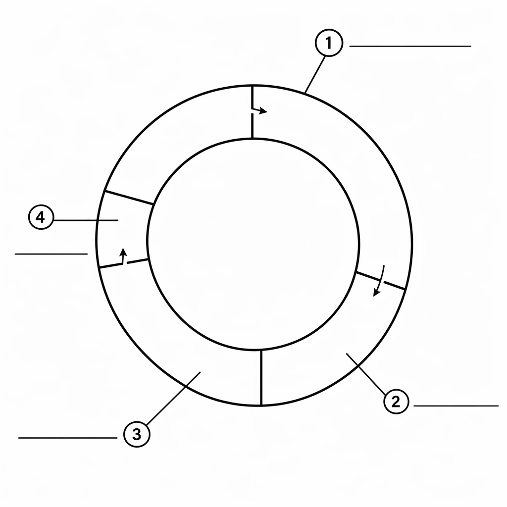 Unlabeled black-and-white cell cycle diagram for a student worksheet, with numbered lines pointing to each phase to be filled in