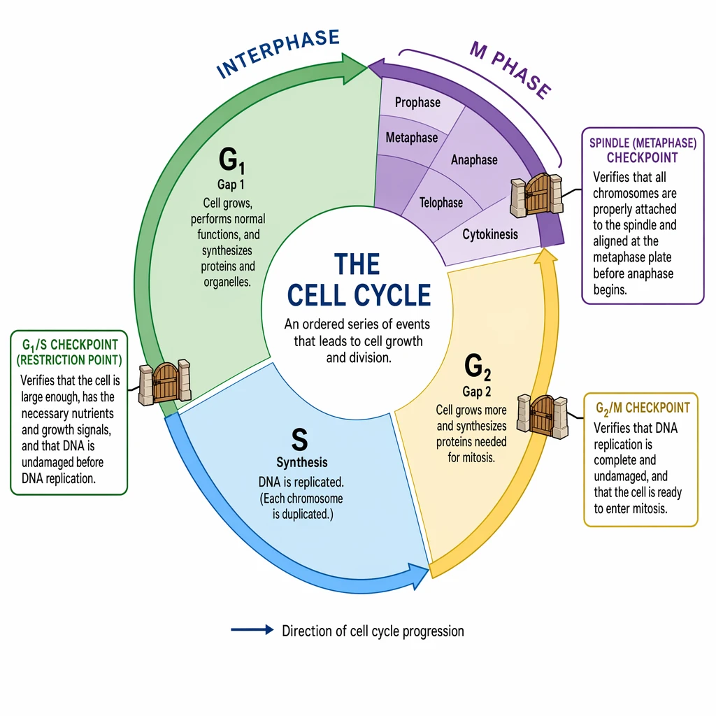 Cell cycle diagram showing the G1/S, G2/M, and spindle checkpoints with notes on what each verifies