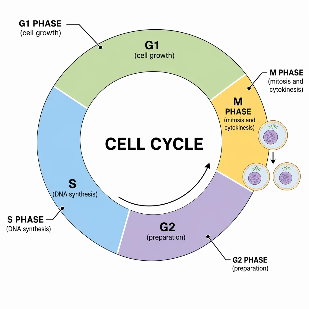 Labeled cell cycle diagram drawn as a circle showing interphase (G1, S, G2) and the M phase with mitosis and cytokinesis