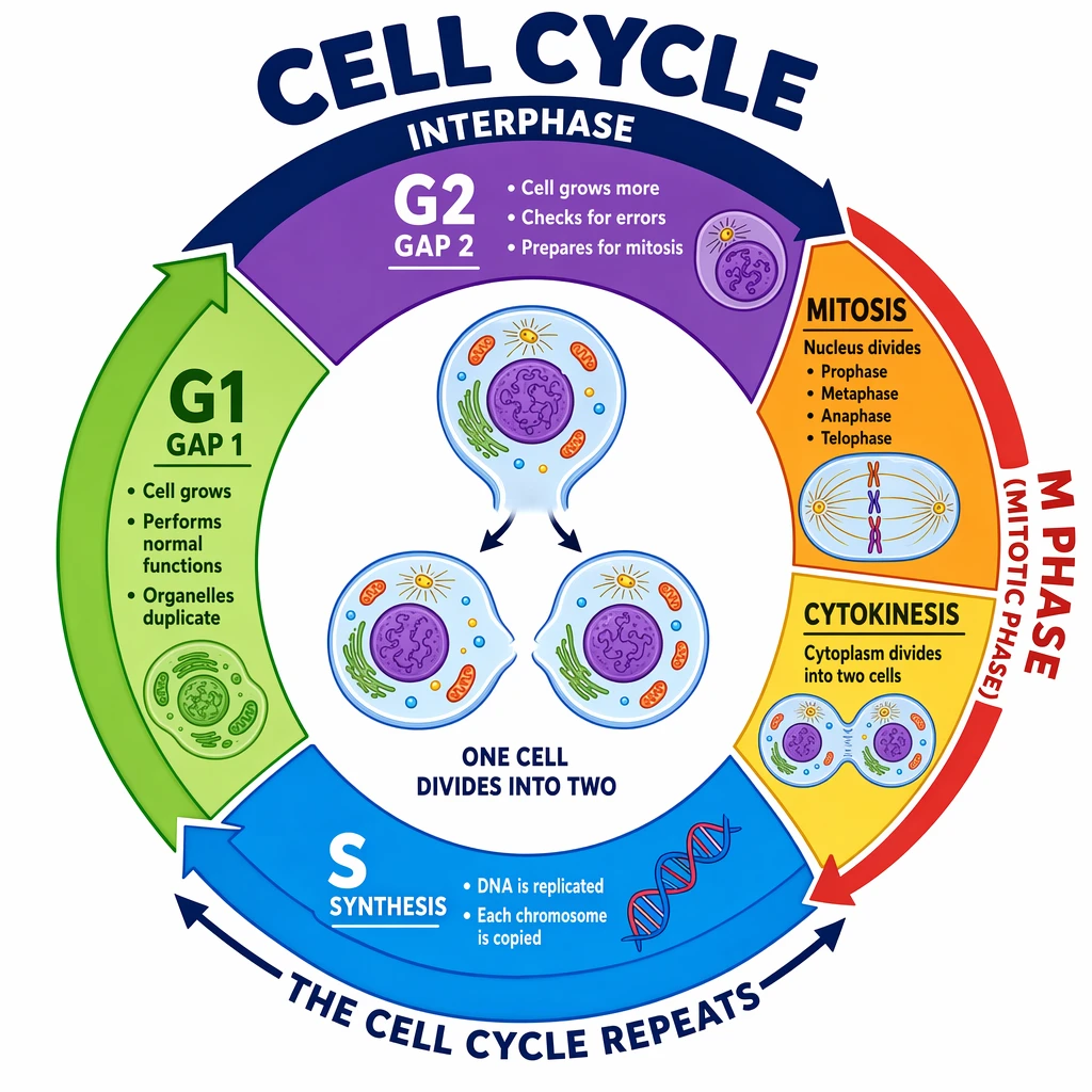 Colorful cell cycle classroom poster showing interphase, mitosis, and cytokinesis in a large circular flow with the relative length of each stage