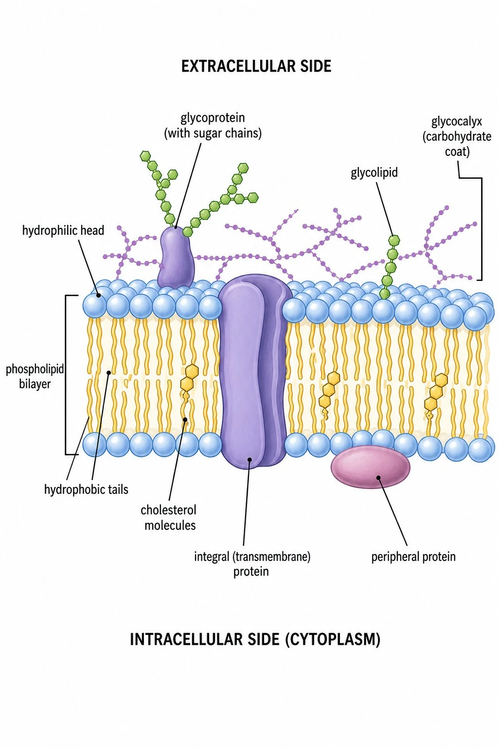 Labeled fluid mosaic cell membrane diagram showing phospholipid bilayer with hydrophilic heads and hydrophobic tails, integral and peripheral proteins, cholesterol, glycoproteins, and glycolipids