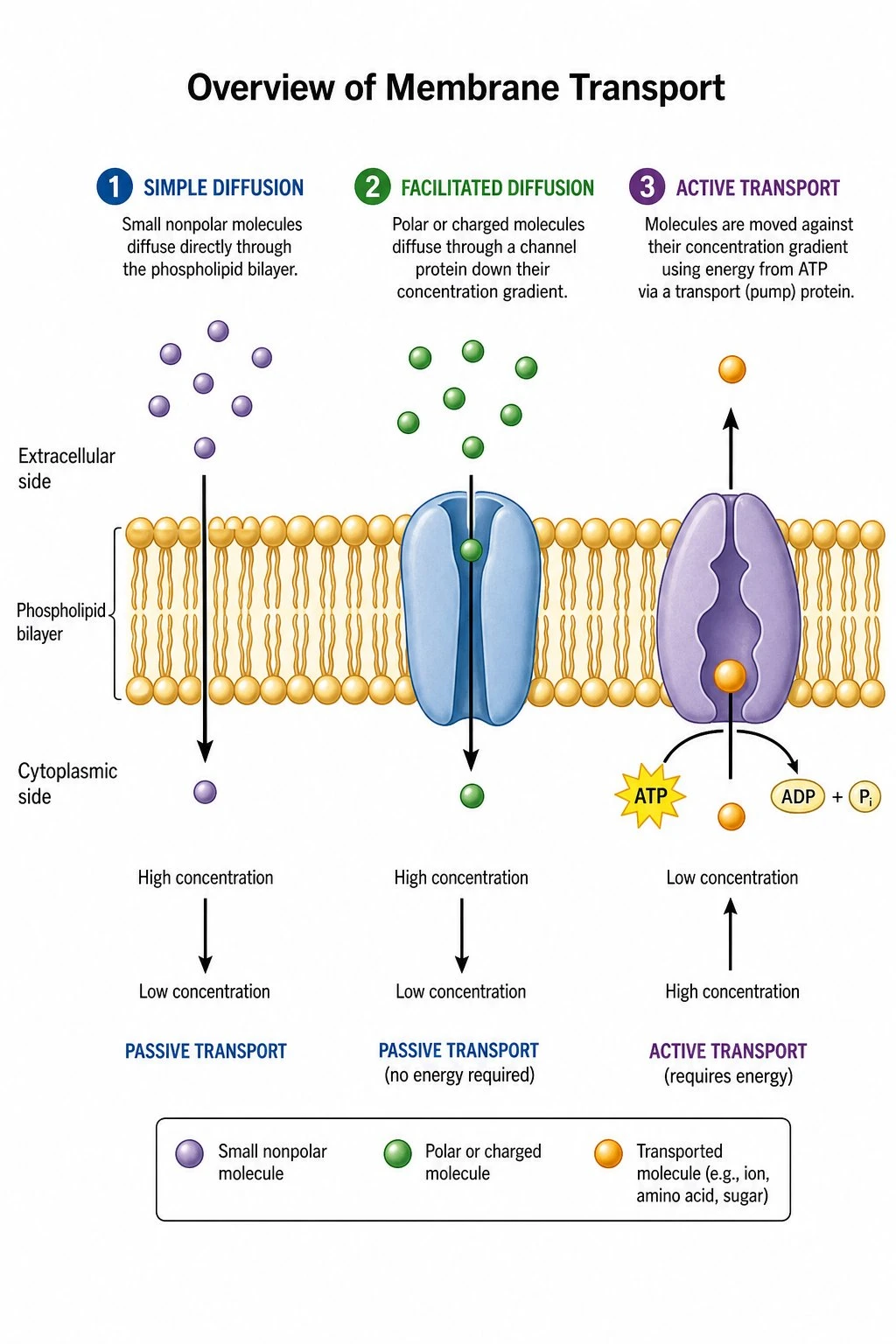 Cell membrane transport diagram comparing simple diffusion, facilitated diffusion through a channel, and active transport with ATP