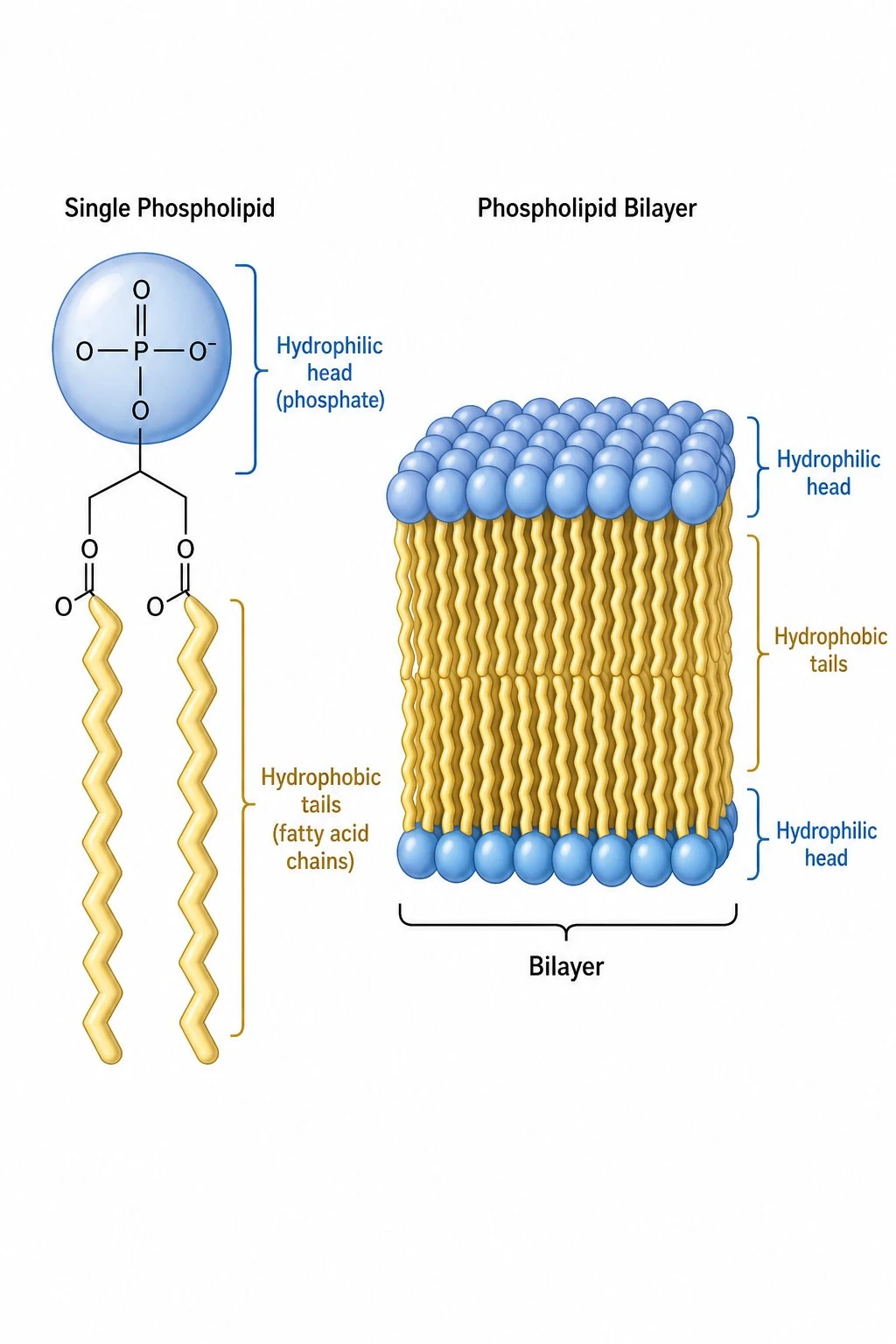 Educational diagram of a single phospholipid molecule with hydrophilic head and hydrophobic tails next to a bilayer pack
