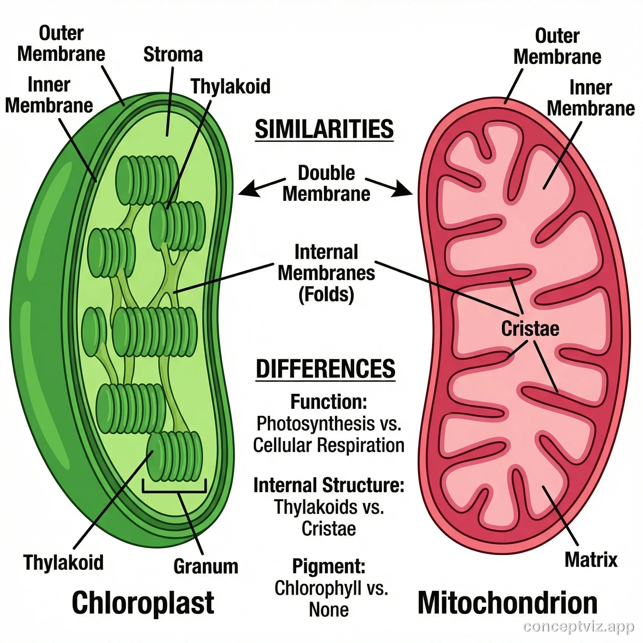 Side-by-side comparison diagram of chloroplast and mitochondria organelles showing structural similarities (double membrane, internal folds) and differences. Chloroplast shown in green and mitochondria in pink/red with key parts labeled.