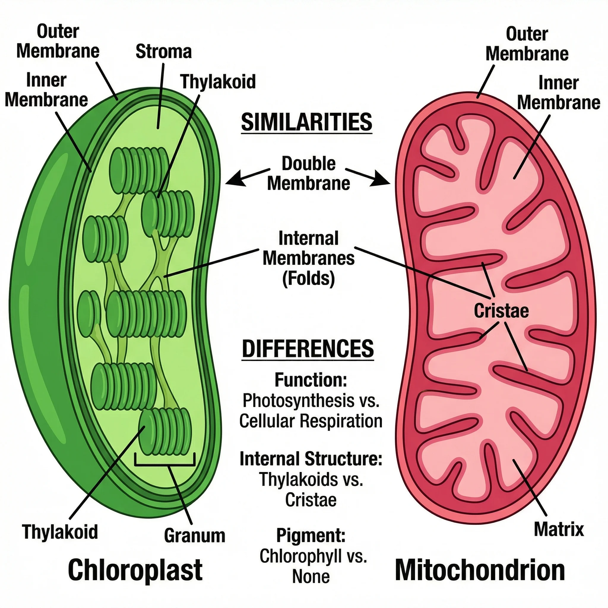 Side-by-side comparison diagram of chloroplast and mitochondria organelles showing structural similarities (double membrane, internal folds) and differences. Chloroplast shown in green and mitochondria in pink/red with key parts labeled.