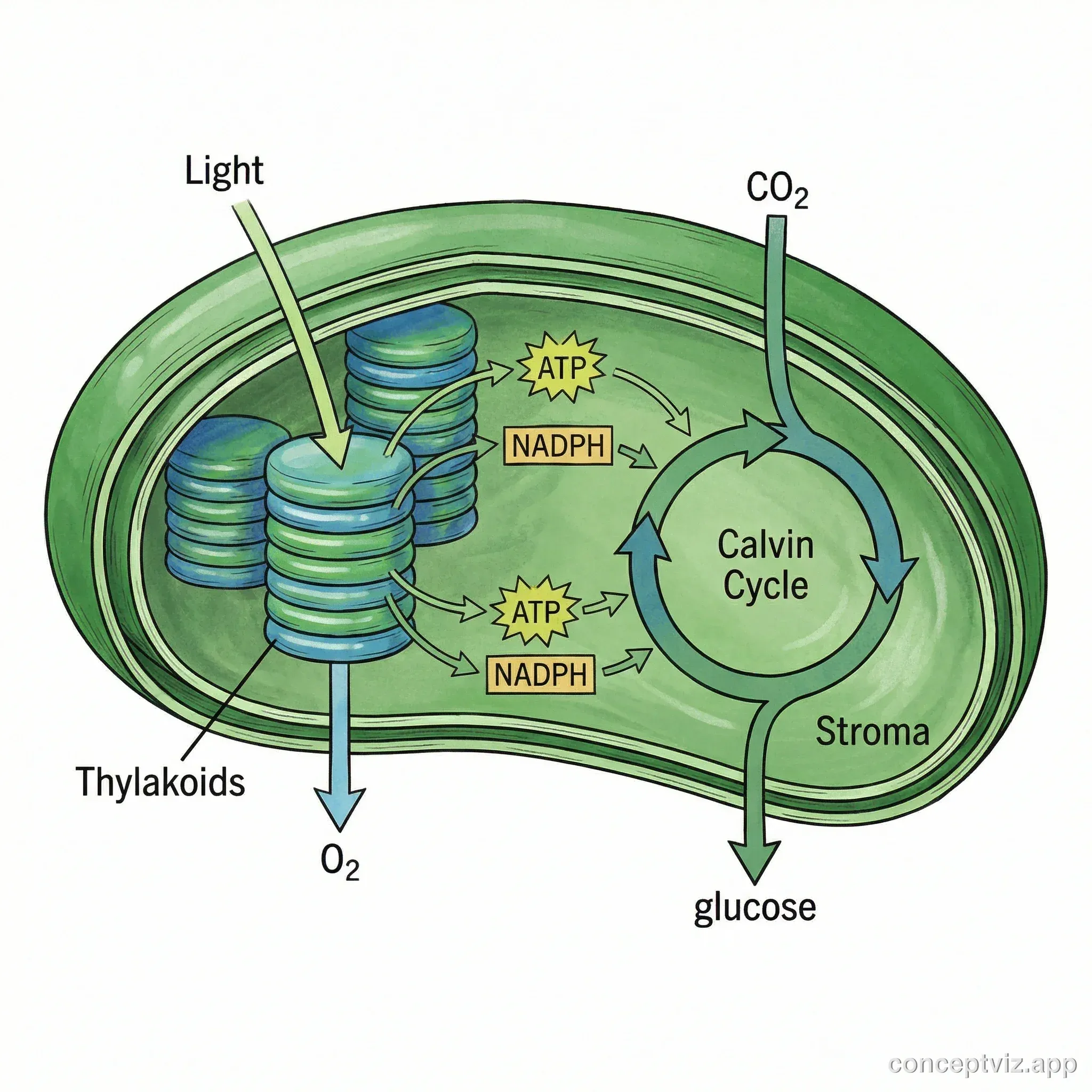 Highly detailed cross-section diagram of a chloroplast showing the photosynthesis process with arrows indicating light reactions in thylakoids and Calvin cycle in stroma. Labels show ATP, NADPH, CO2, glucose, and O2 movement through the organelle.