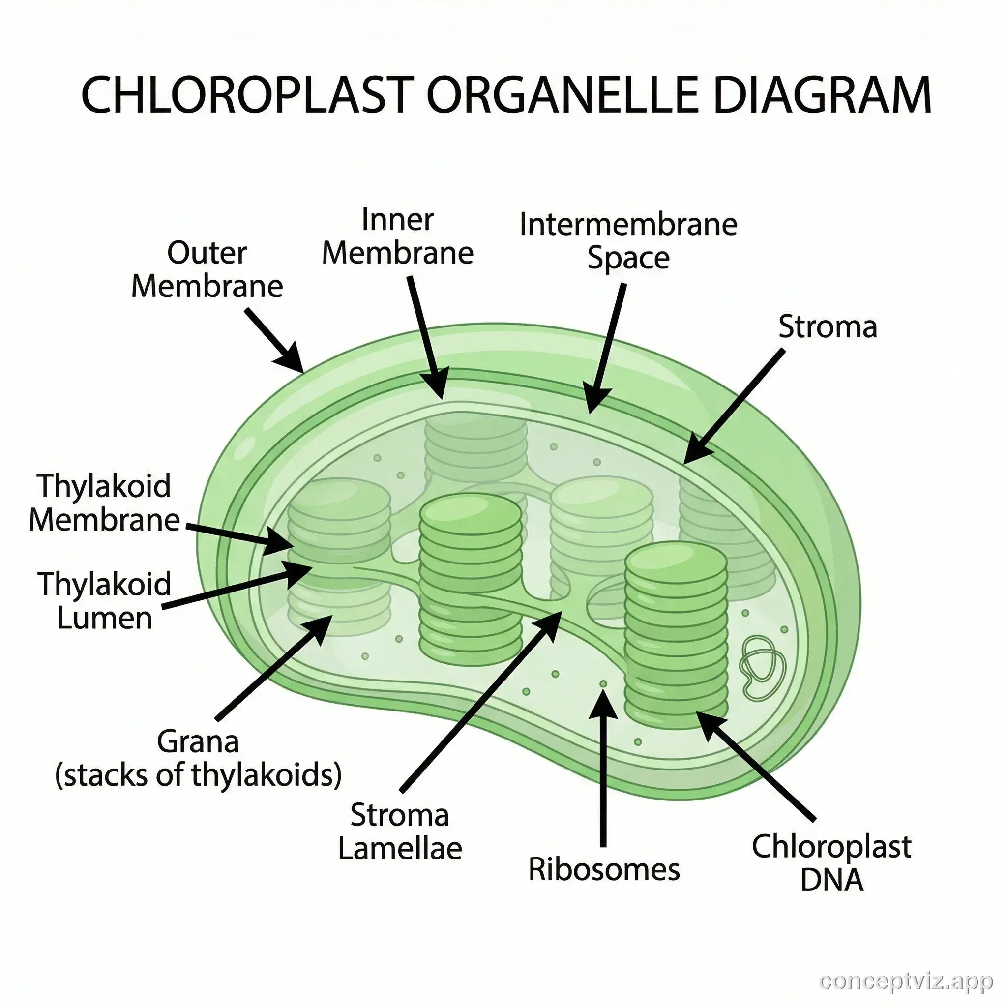 Educational diagram of a chloroplast organelle with clear labels pointing to all major structures: outer membrane, inner membrane, intermembrane space, stroma, thylakoid membrane, thylakoid lumen, grana (stacks of thylakoids), stroma lamellae, ribosomes, and chloroplast DNA. The diagram uses a clean scientific illustration style with a light green color scheme on white background.