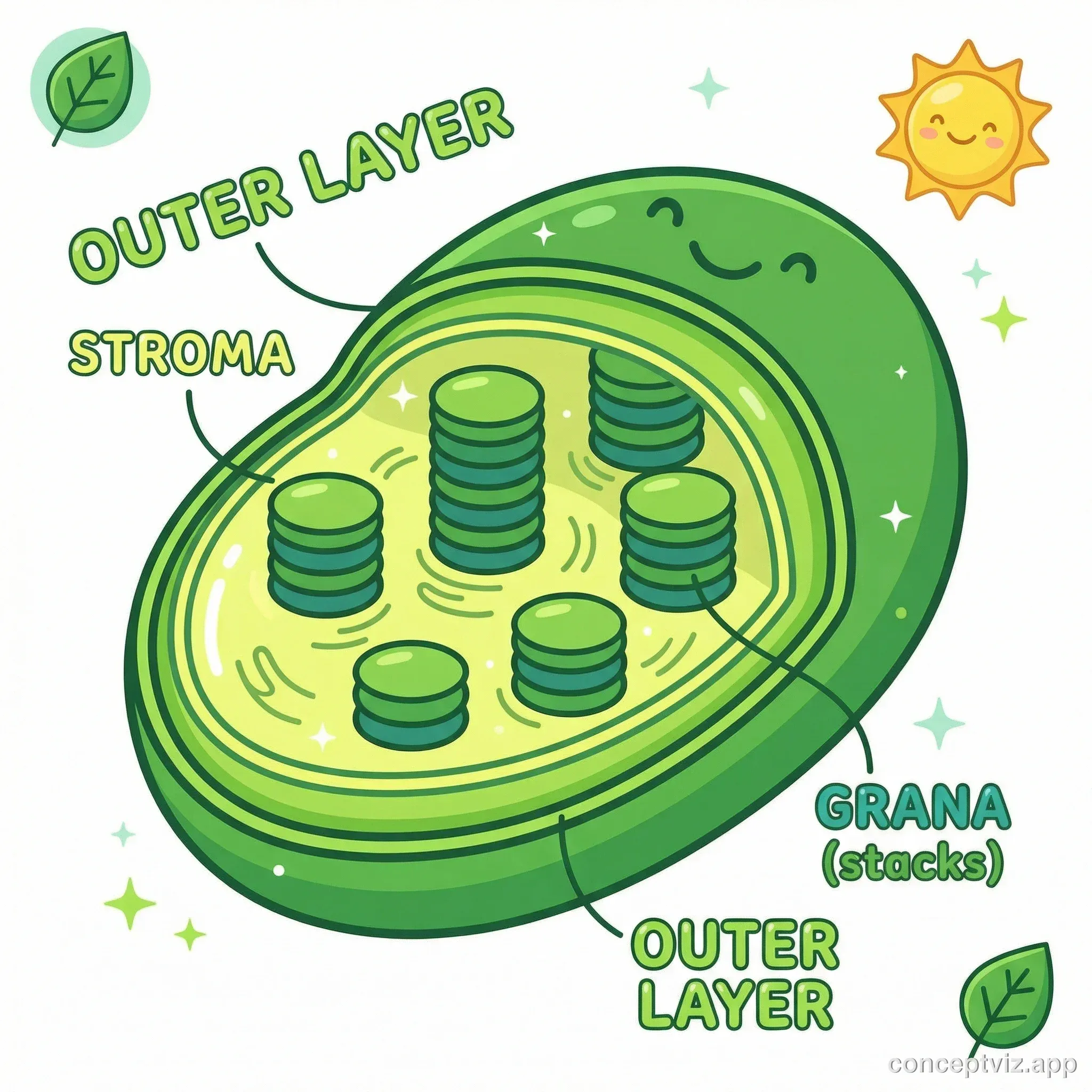 Simplified cartoon-style chloroplast diagram suitable for elementary school students showing basic structures: outer layer, inner folds (grana), and fluid inside (stroma). Uses bright, friendly colors with large, clear shapes.