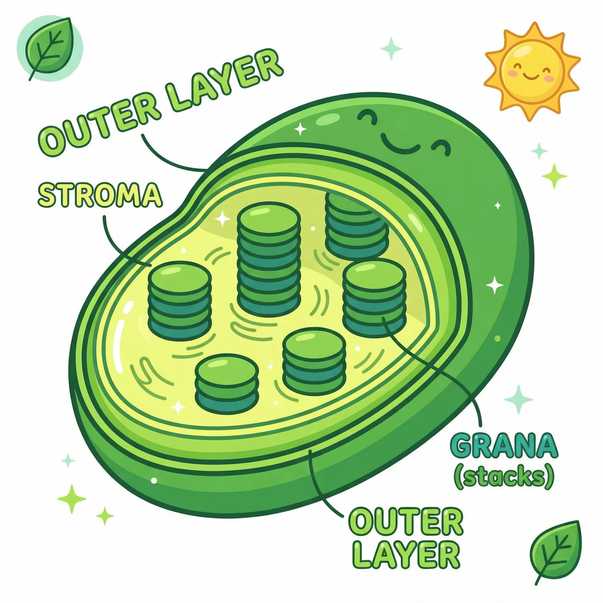 Simplified cartoon-style chloroplast diagram suitable for elementary school students showing basic structures: outer layer, inner folds (grana), and fluid inside (stroma). Uses bright, friendly colors with large, clear shapes.
