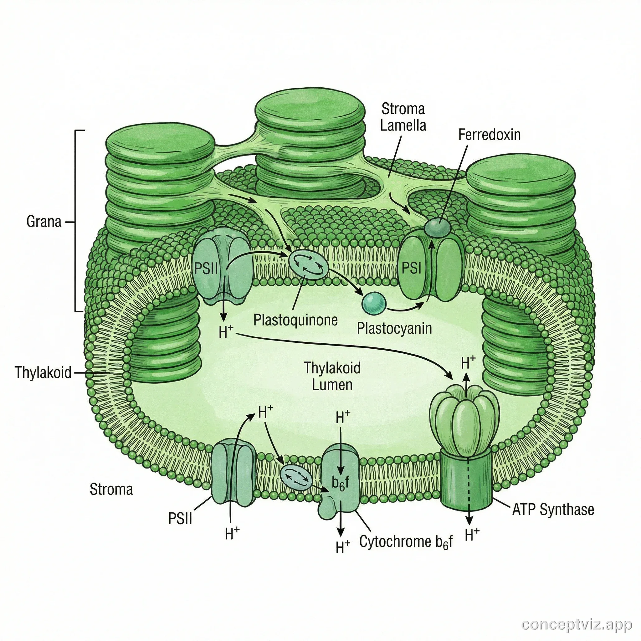 Detailed close-up diagram focusing on thylakoid and grana structure within a chloroplast, showing stacked thylakoid discs forming grana connected by stroma lamellae, with photosystems and electron transport chain locations indicated.