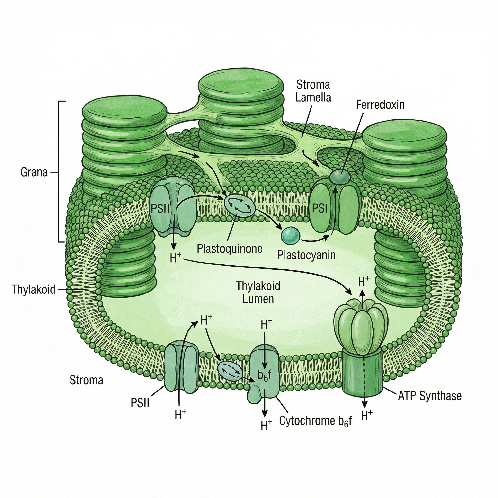 Detailed close-up diagram focusing on thylakoid and grana structure within a chloroplast, showing stacked thylakoid discs forming grana connected by stroma lamellae, with photosystems and electron transport chain locations indicated.