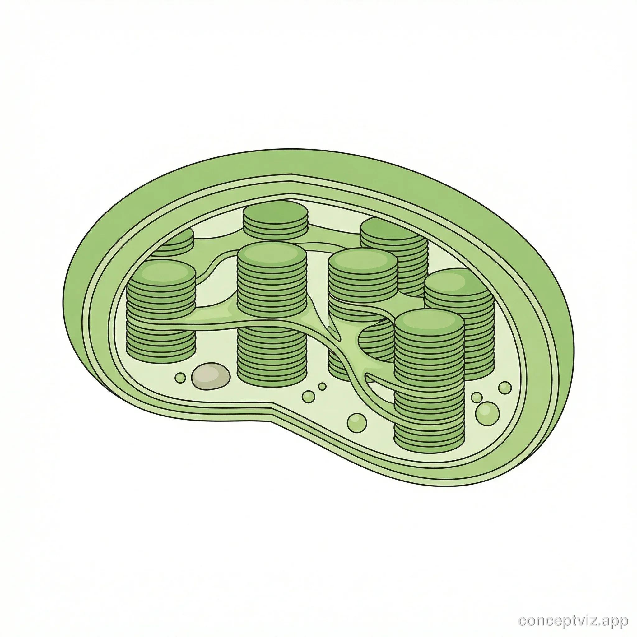 Unlabeled chloroplast diagram without any labels or text, showing all major structures clearly: outer membrane, inner membrane, stroma, thylakoid membrane, grana stacks, and stroma lamellae. Clean lines and light green color scheme designed for student labeling exercises.