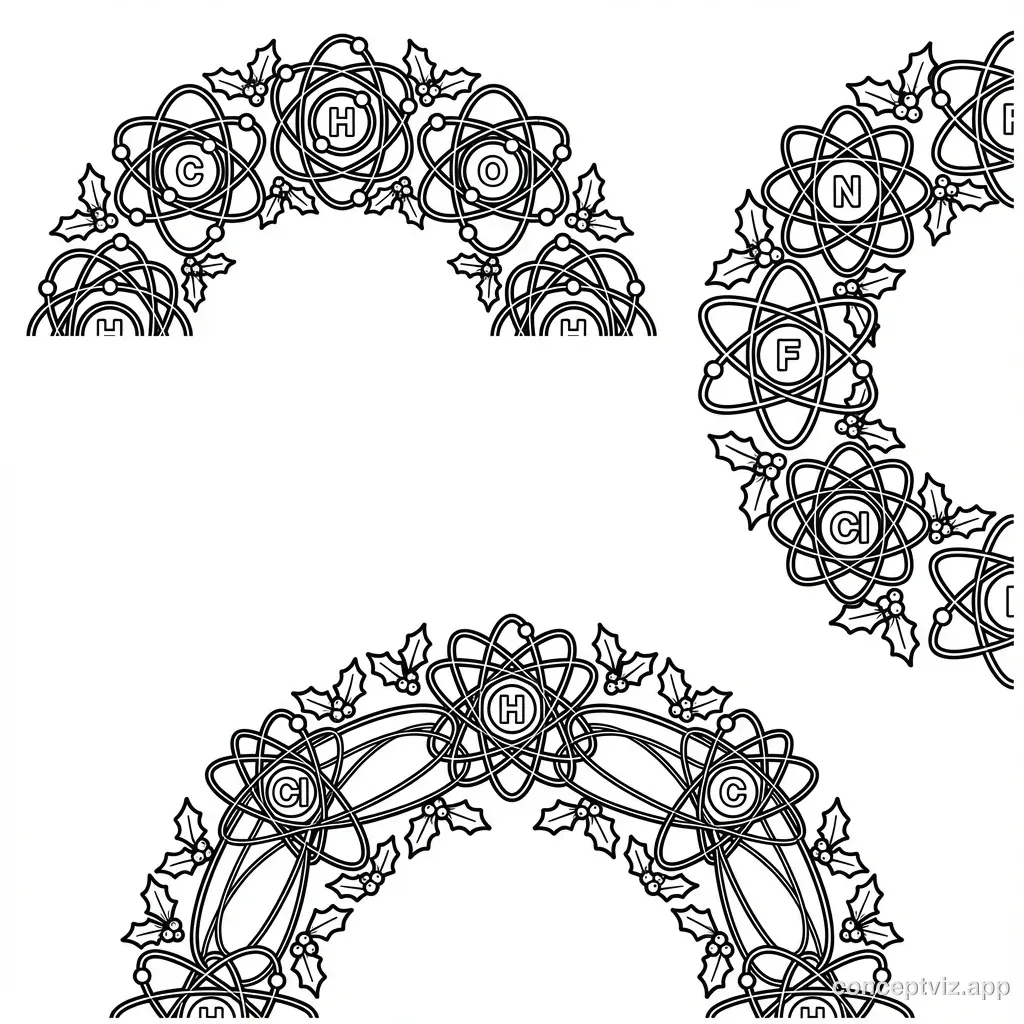 Black and white coloring page of a circular Christmas wreath made from interconnected atom symbols. Multiple atoms are arranged in a circle, each showing a central nucleus (cluster of protons and neutrons) with electrons orbiting around it in elliptical paths. The orbital paths overlap and interweave to create a wreath-like circular shape. Small holly leaves and berries are tucked between the atoms for holiday decoration. The electron paths create a dynamic, scientific design. Clean line art ready for coloring.