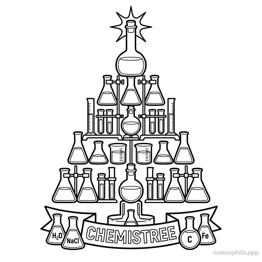 Black and white coloring page of a Christmas tree made entirely from laboratory glassware. The tree shape is formed by stacking chemistry equipment: triangular Erlenmeyer flasks form the lower branches, round beakers and test tubes create the middle section, and graduated cylinders extend upward as top branches. A large volumetric flask sits at the very top as the tree star topper. Small round-bottom flasks hang like ornaments throughout. Clean line art with clear outlines ready for coloring.