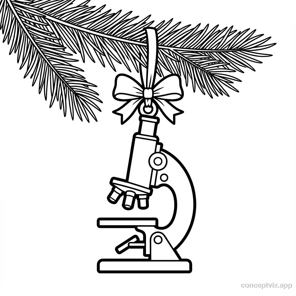 Black and white coloring page showing five Christmas ornaments hanging from pine branches. Each ornament is shaped like scientific equipment: a microscope ornament with eyepiece and stage visible, an atom model ornament with electrons orbiting a nucleus, a beaker ornament with measurement lines, a magnifying glass ornament with a round lens, and an Erlenmeyer flask ornament. Decorative ribbons and bows hang from each ornament hook. Pine needles frame the top of the image. Clean line art ready for coloring.