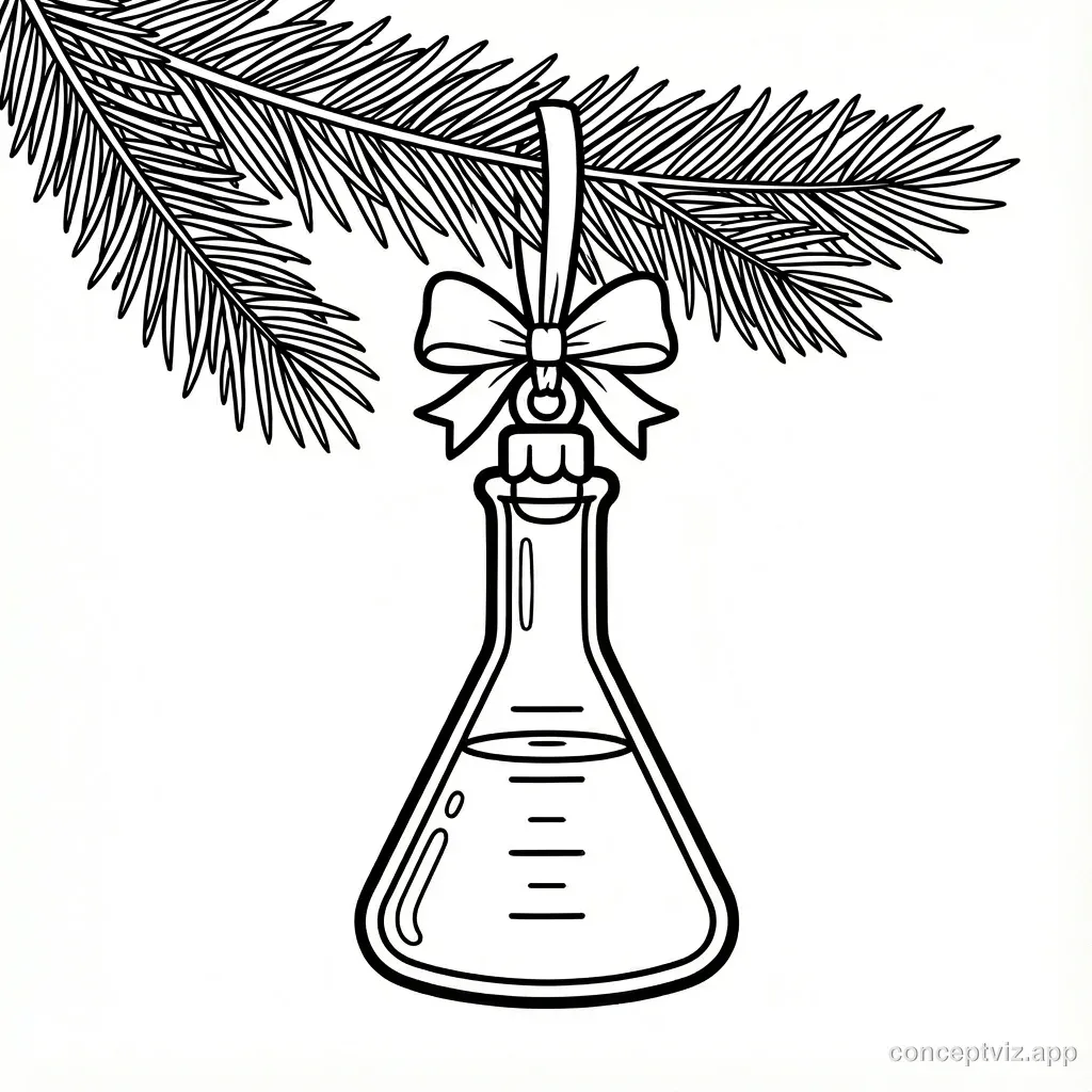 Black and white coloring page of Santa Claus as a scientist. Santa wears his traditional suit with a white lab coat over it. Safety goggles are pushed up on his forehead above his glasses. In one hand he holds a bubbling beaker with liquid inside, and in the other hand he holds a test tube. He stands next to a laboratory table with Erlenmeyer flasks, a microscope, and various lab equipment. His gift bag on the floor contains scientific instruments instead of toys: test tubes, magnifying glasses, and beakers poke out. Cartoon style with clean line art ready for coloring.