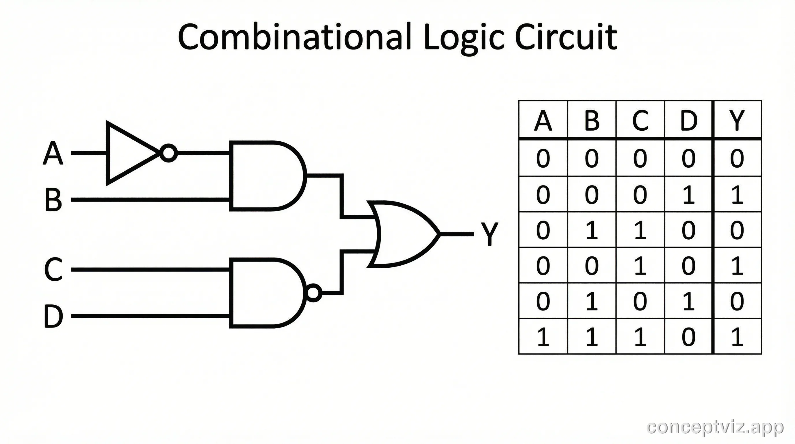 Digital logic circuit with AND, OR, NOT, and NAND gates forming a combinational logic circuit with truth table.