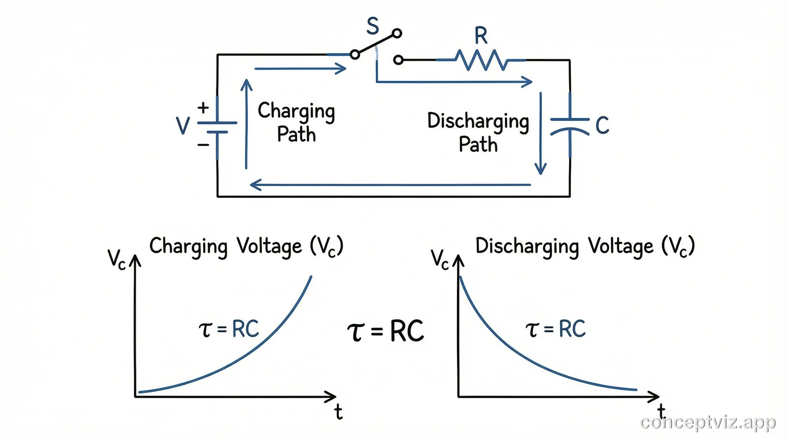RC resistor-capacitor circuit diagram showing charging and discharging paths with time constant equation.