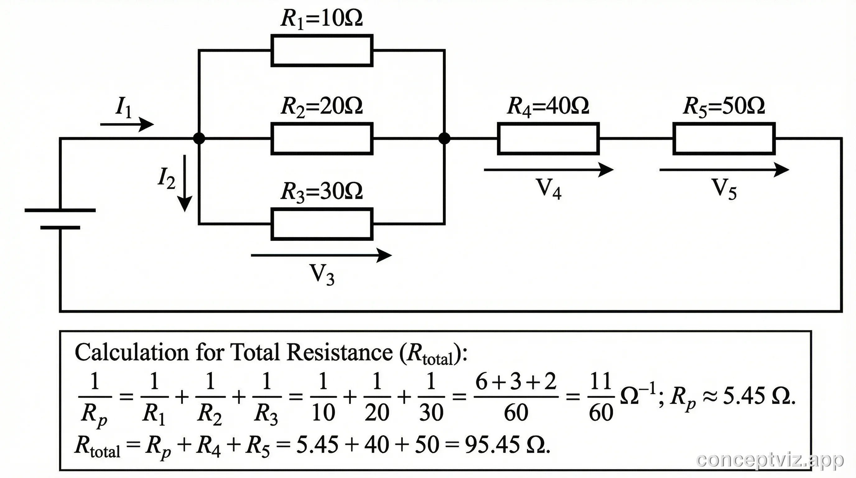 Circuit diagram showing resistors in series and parallel combinations with labeled resistance values.