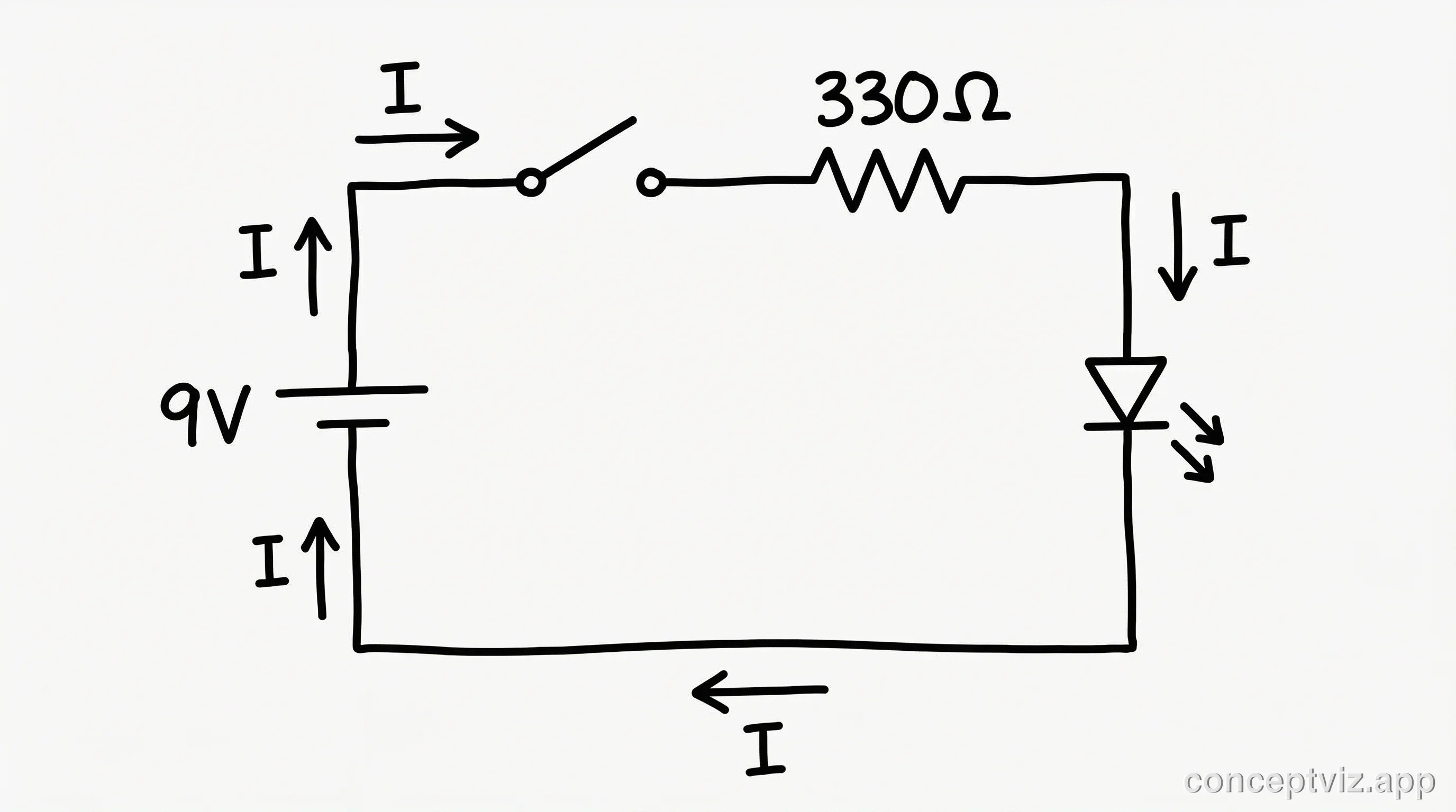 Simple DC circuit diagram with a battery, resistor, LED, and switch connected in series with standard electrical symbols.