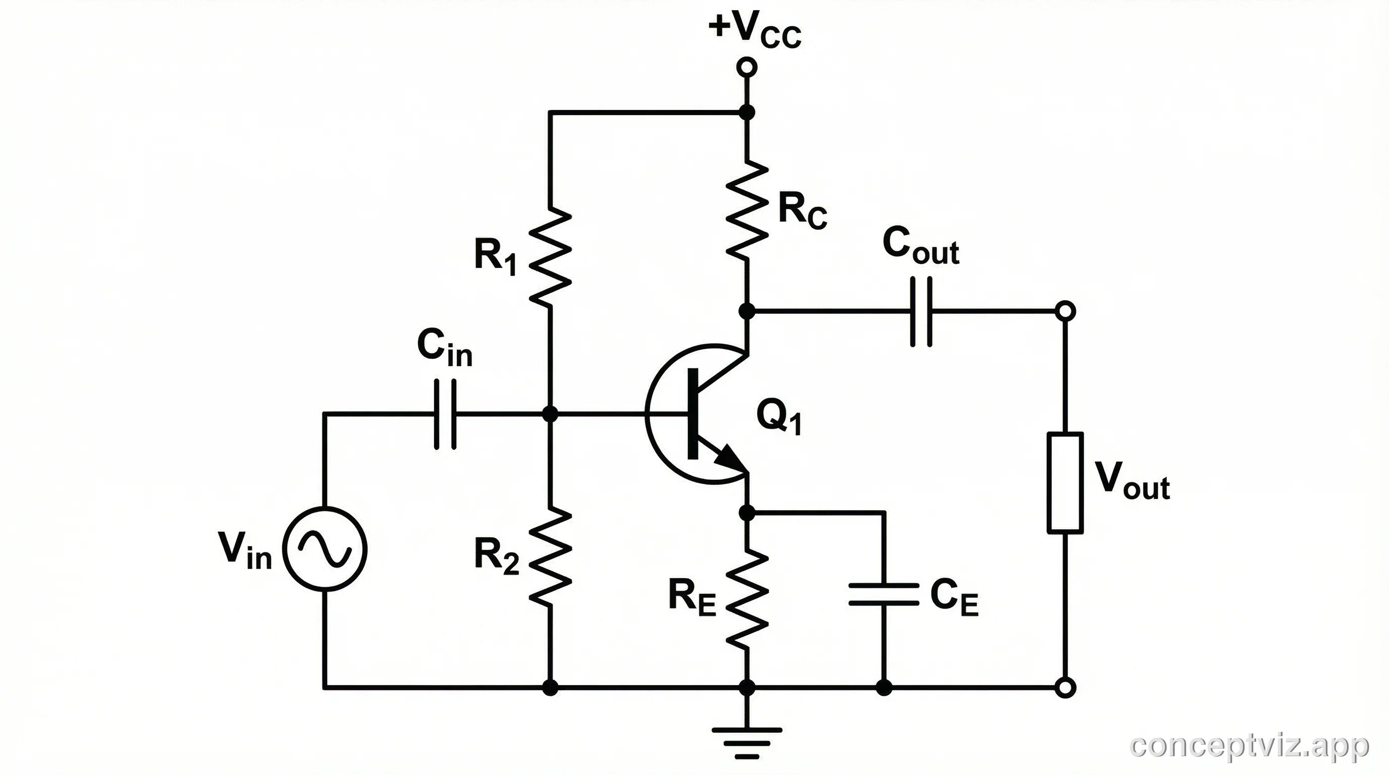 BJT common-emitter transistor amplifier circuit with biasing resistors and coupling capacitors.